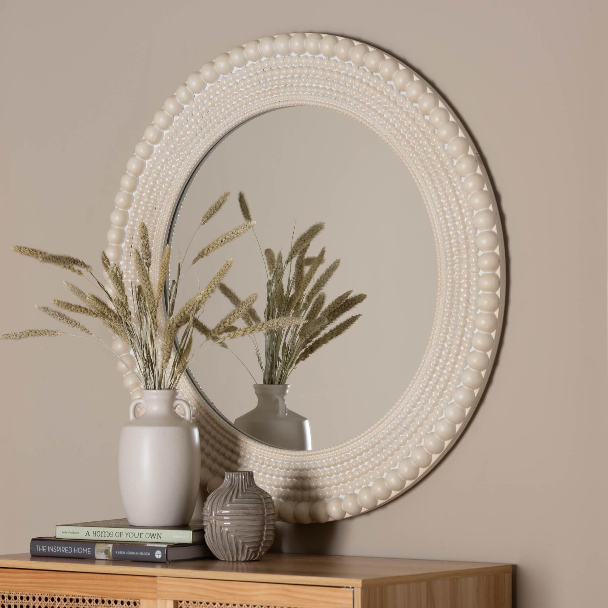 Grazia Modern Round Beaded-framed Accent Mirror in Pearl