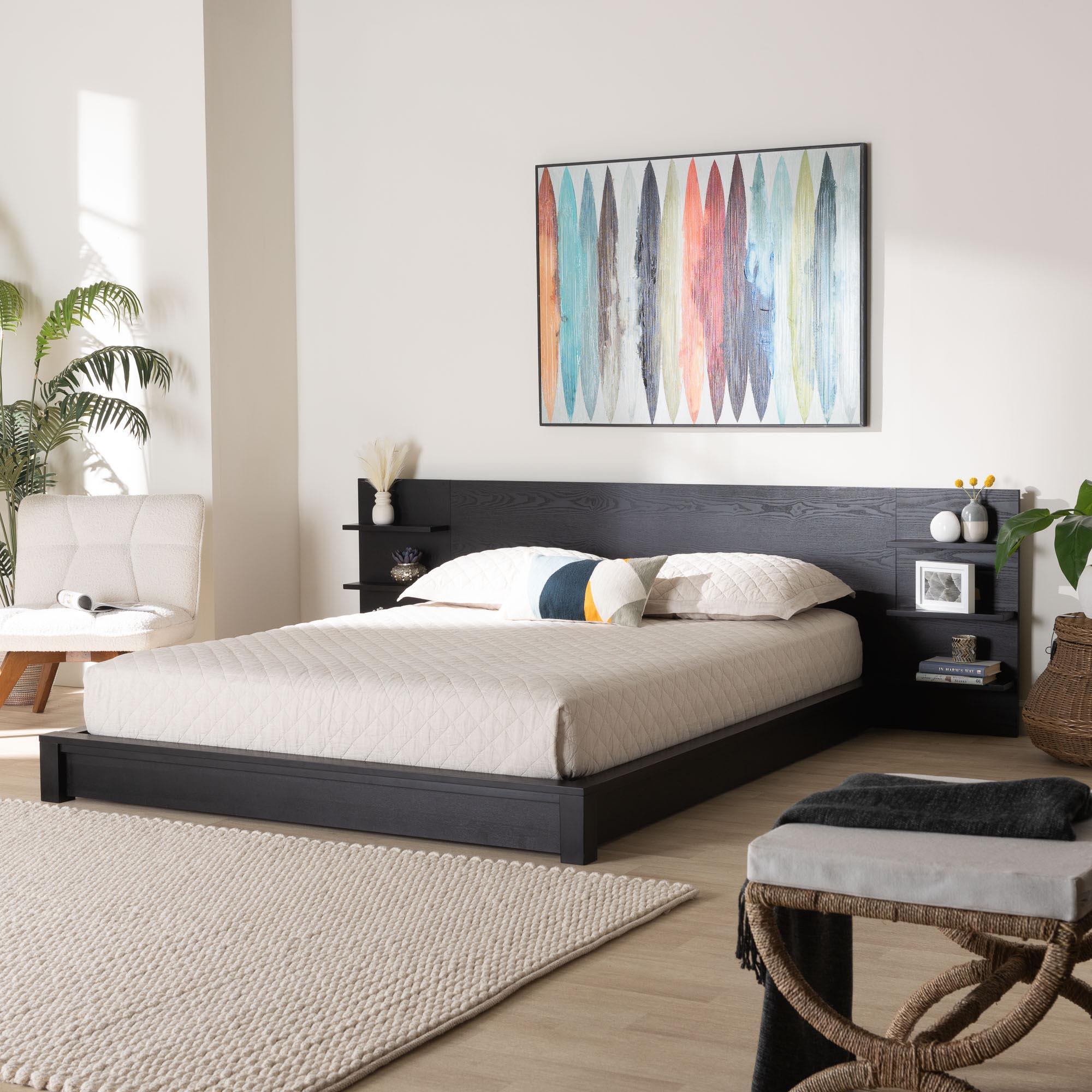 Elina Modern Ebony Wood Platform Bed with Built-In Shelves