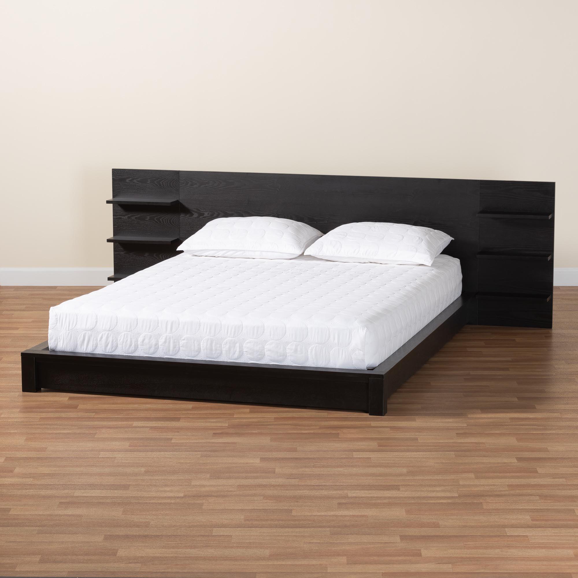 Elina Modern Ebony Wood Platform Bed with Built-In Shelves