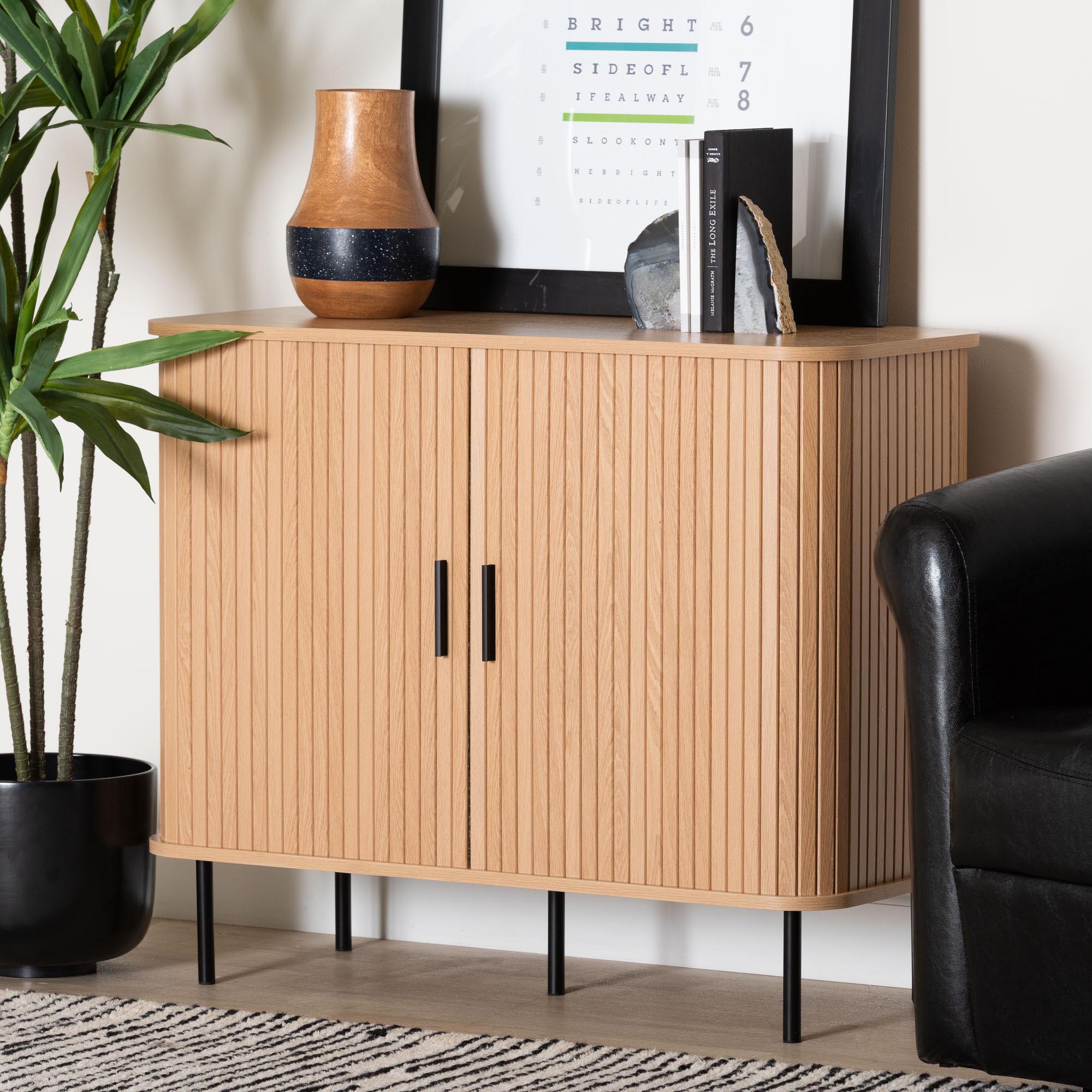 Lucia Fluted Wood Storage Cabinet - Mid-Century Modern Sideboard with Sliding Tambour Doors, 35" Wide