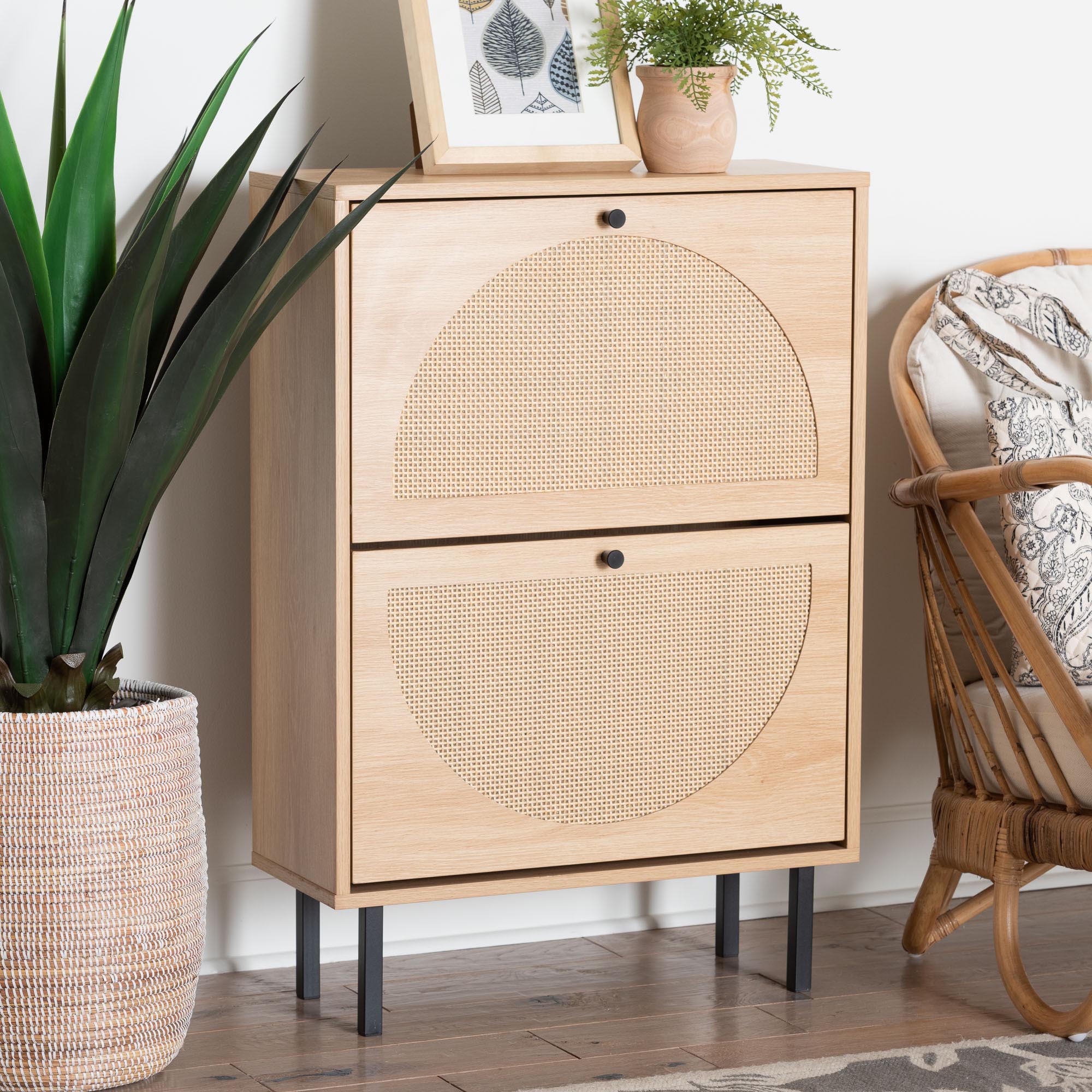 Remus Wood Shoe Cabinet - 12-Pair Shoe Storage Organizer with 2 Flip Doors, Boho-Chic Compact Hallway or Entryway Furniture