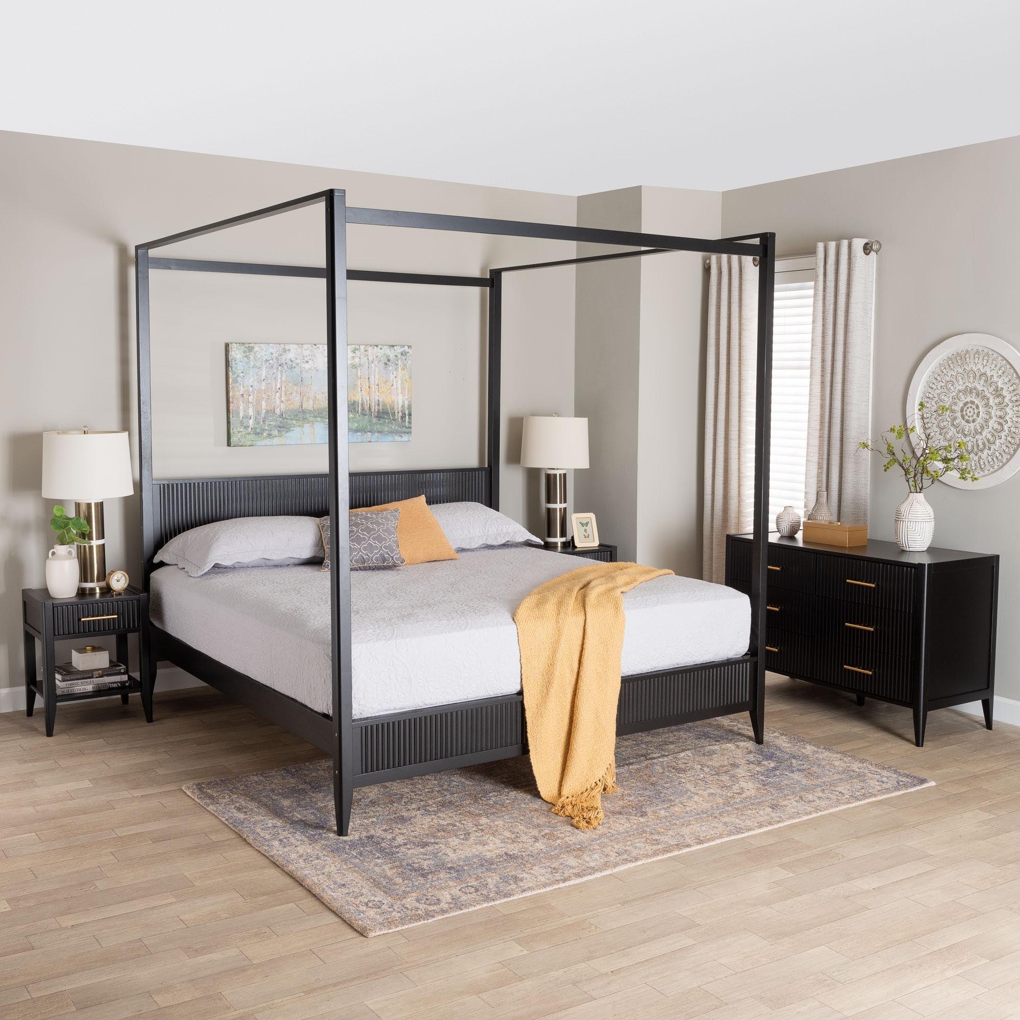 Primrose Mid-Century Fluted Wood 4-Piece Canopy Bedroom Set