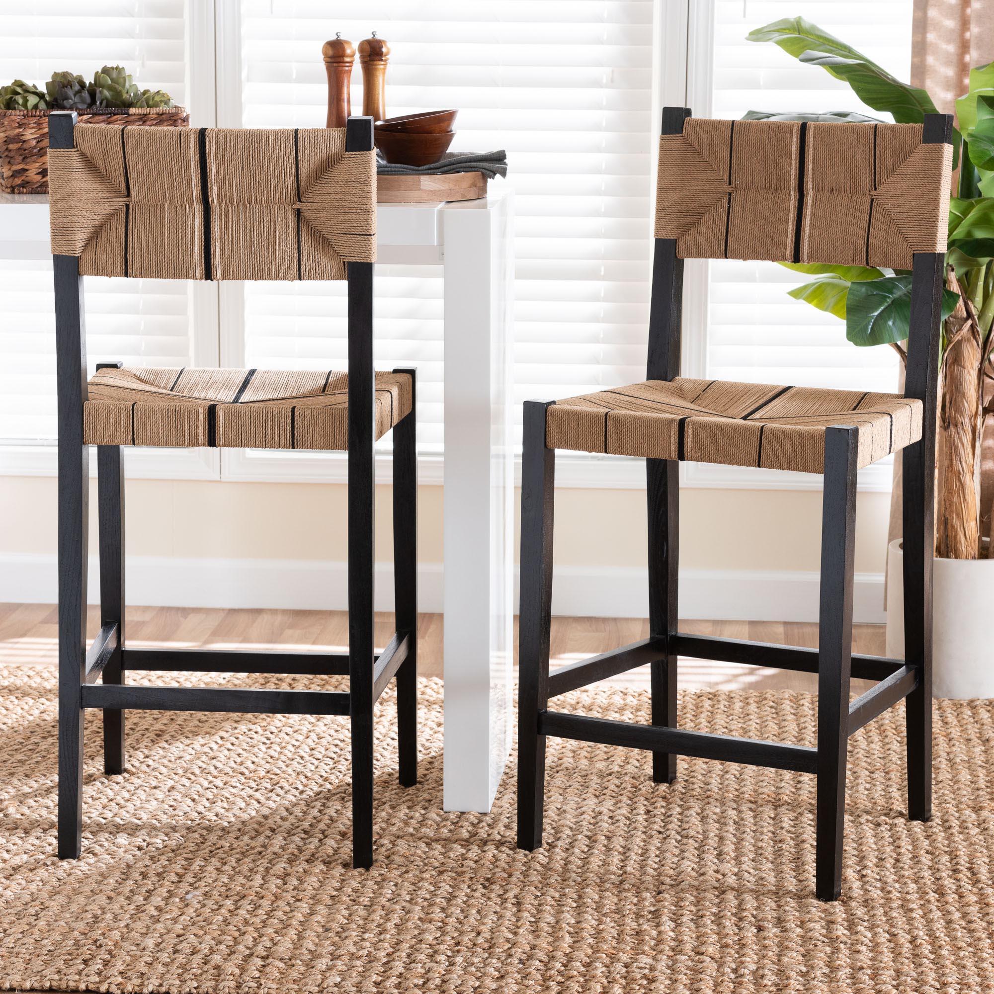 bali & pari Prita Bohemian Paper Loom and Mahogany Wood 2-Piece Bar Stool Set