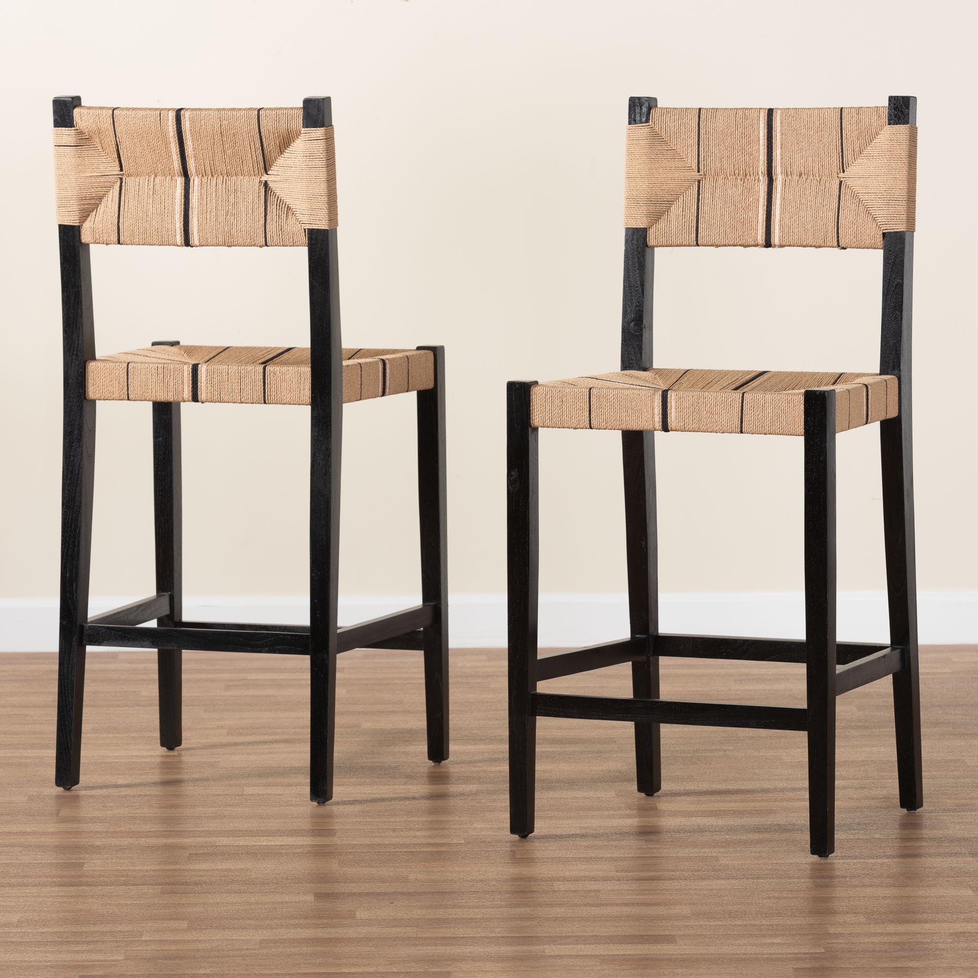 bali & pari Prita Bohemian Paper Loom and Mahogany Wood 2-Piece Bar Stool Set