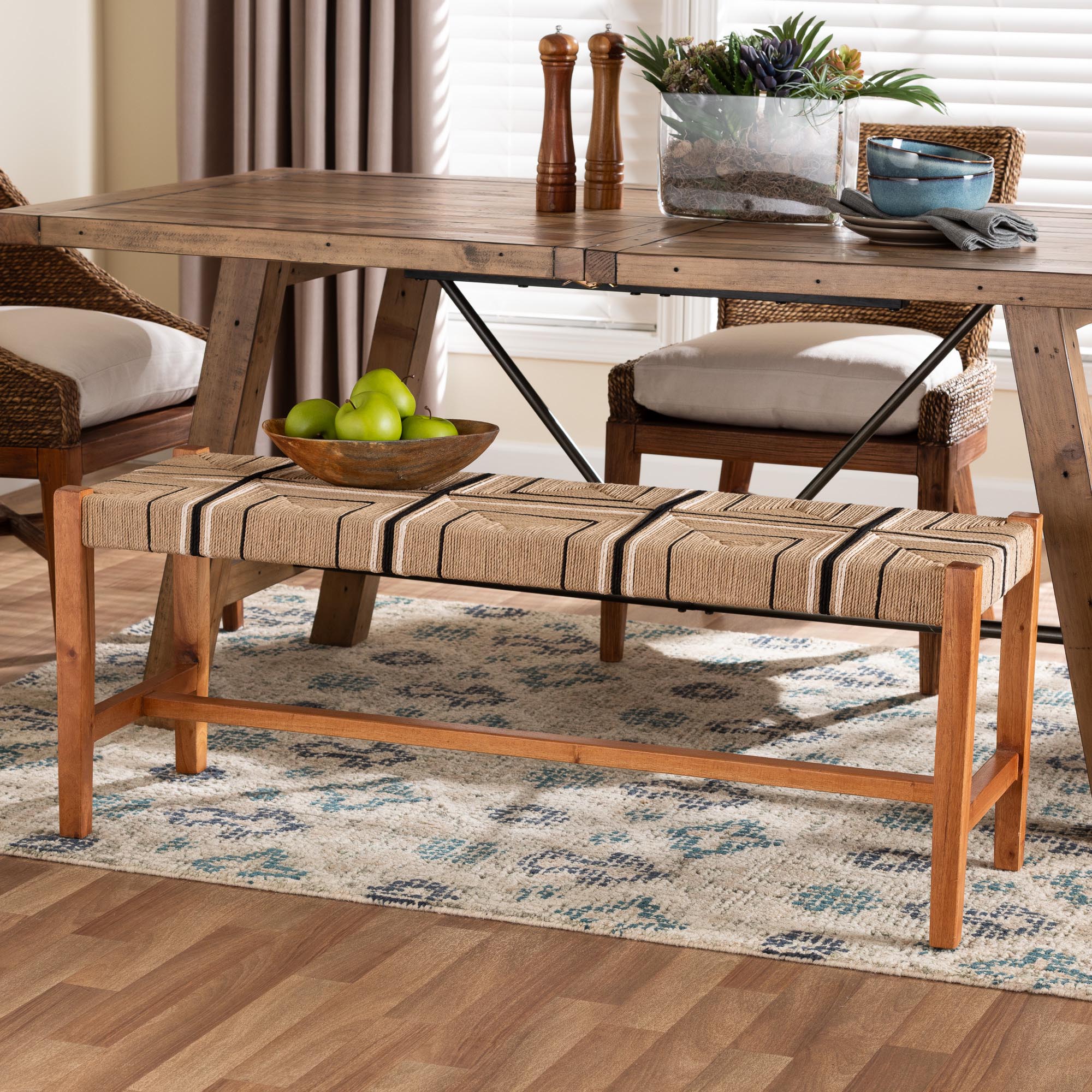 Bali & Pari Prita Bohemian Paper Loom and Mahogany Wood Dining Bench