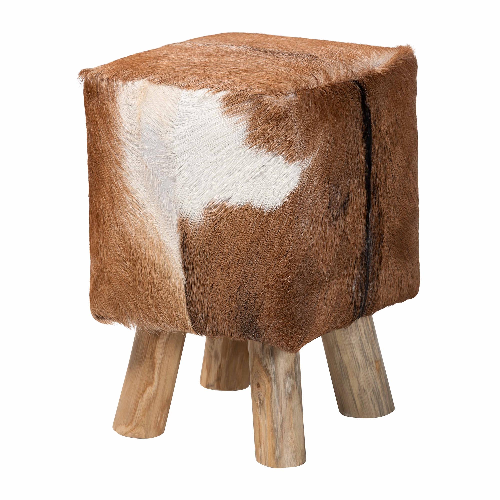 bali & pari Scotlyn Genuine Goat Leather Footstool with Teak Wood Legs - Rustic Boho Accent Seat with Hide Upholstery, Handmade Decorative Footrest for Living Room or Bedroom