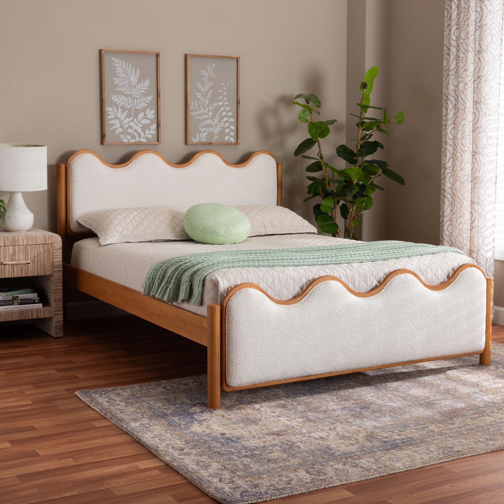Lilia Mid-Century Modern Scalloped Cream Boucle and Wood Platform Bed