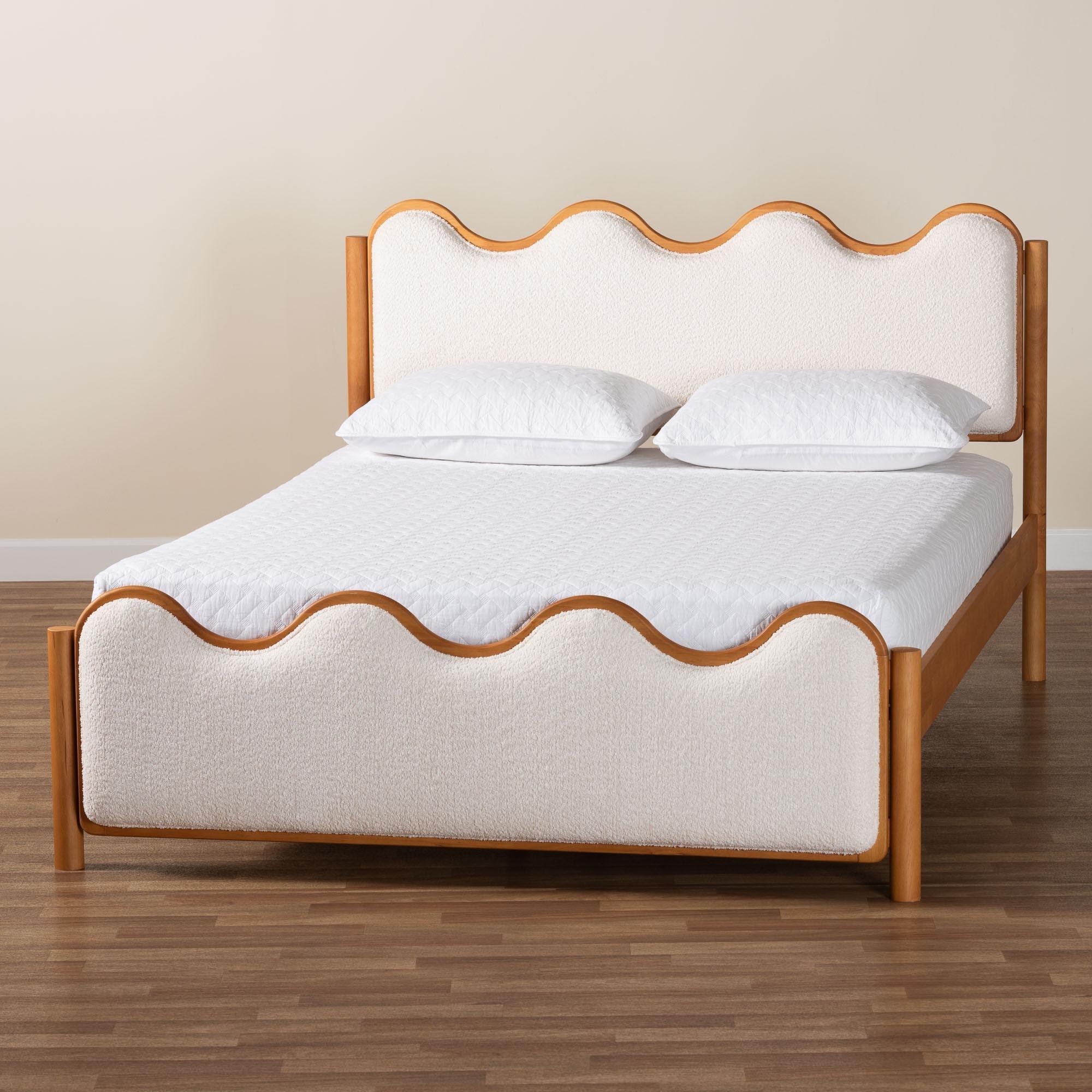 Lilia Mid-Century Modern Scalloped Cream Boucle and Wood Platform Bed