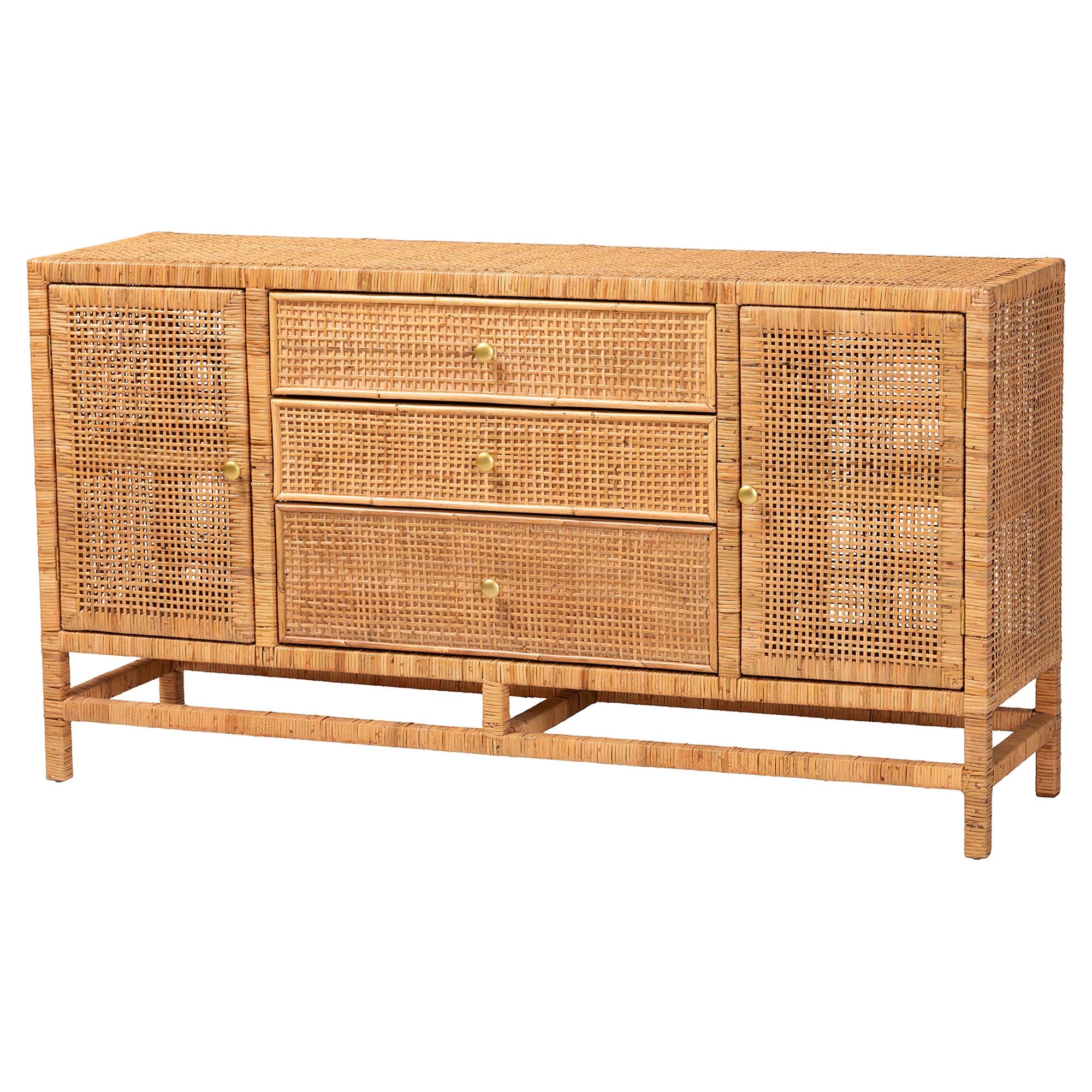 Bali & Pari Vivan Bohemian Honey Rattan and Mahogany Wood 3-Drawer Storage Cabinet