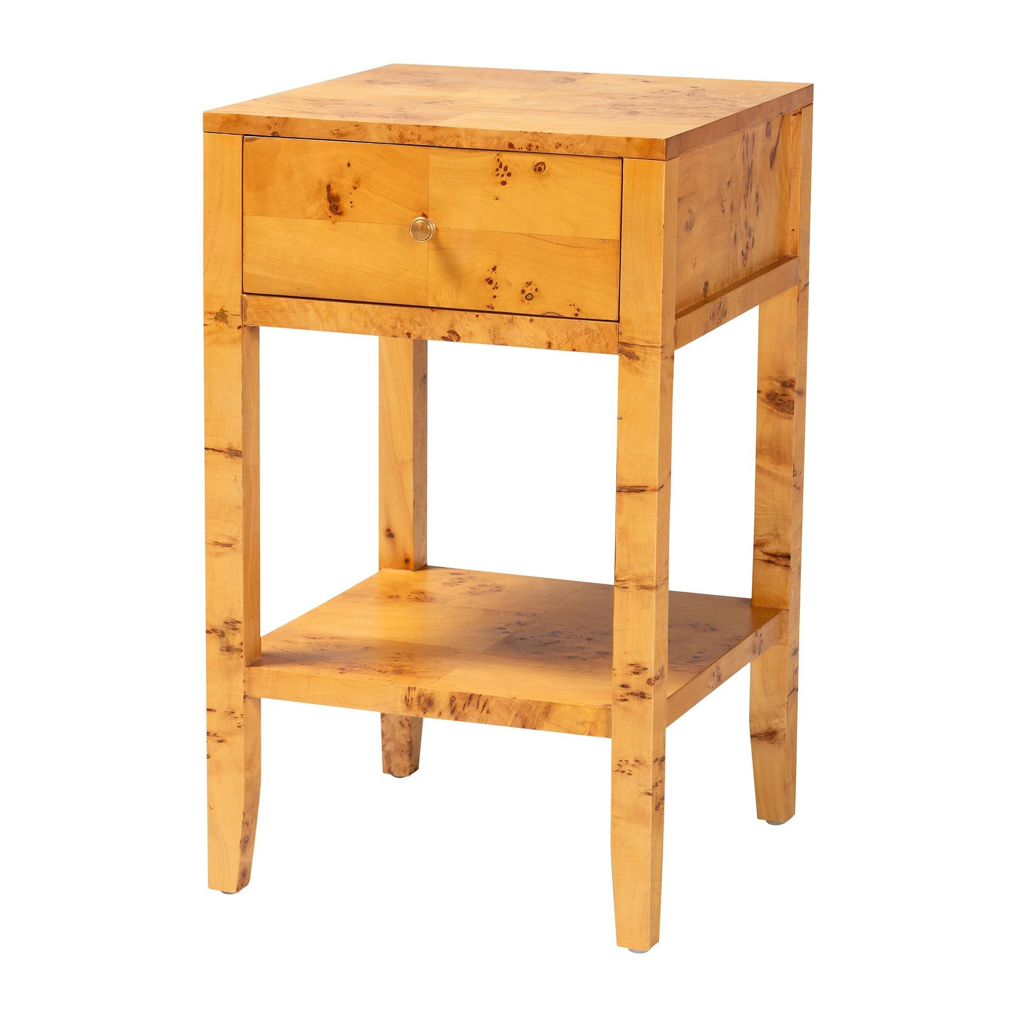 Bali & Pari Ghina Modern and Contemporary Light Mappa Real Burl Wood 1-Drawer Nightstand