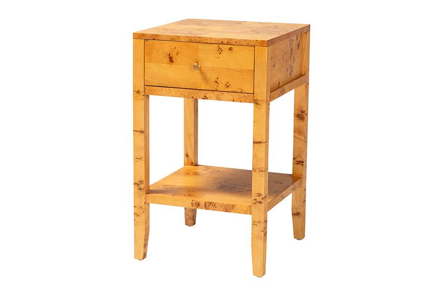 Bali & Pari Ghina Modern and Contemporary Light Mappa Real Burl Wood 1-Drawer Nightstand