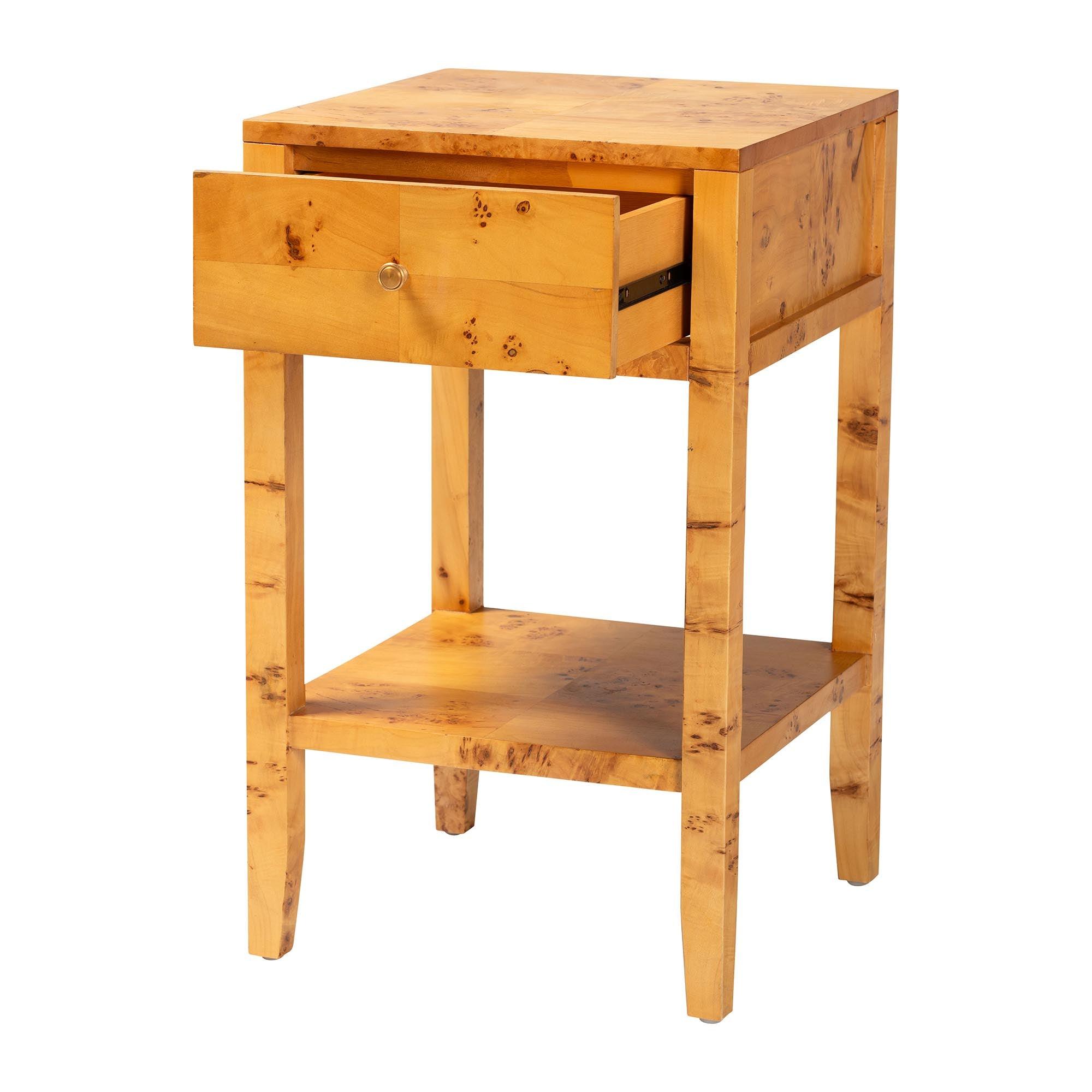 Bali & Pari Ghina Modern and Contemporary Light Mappa Real Burl Wood 1-Drawer Nightstand