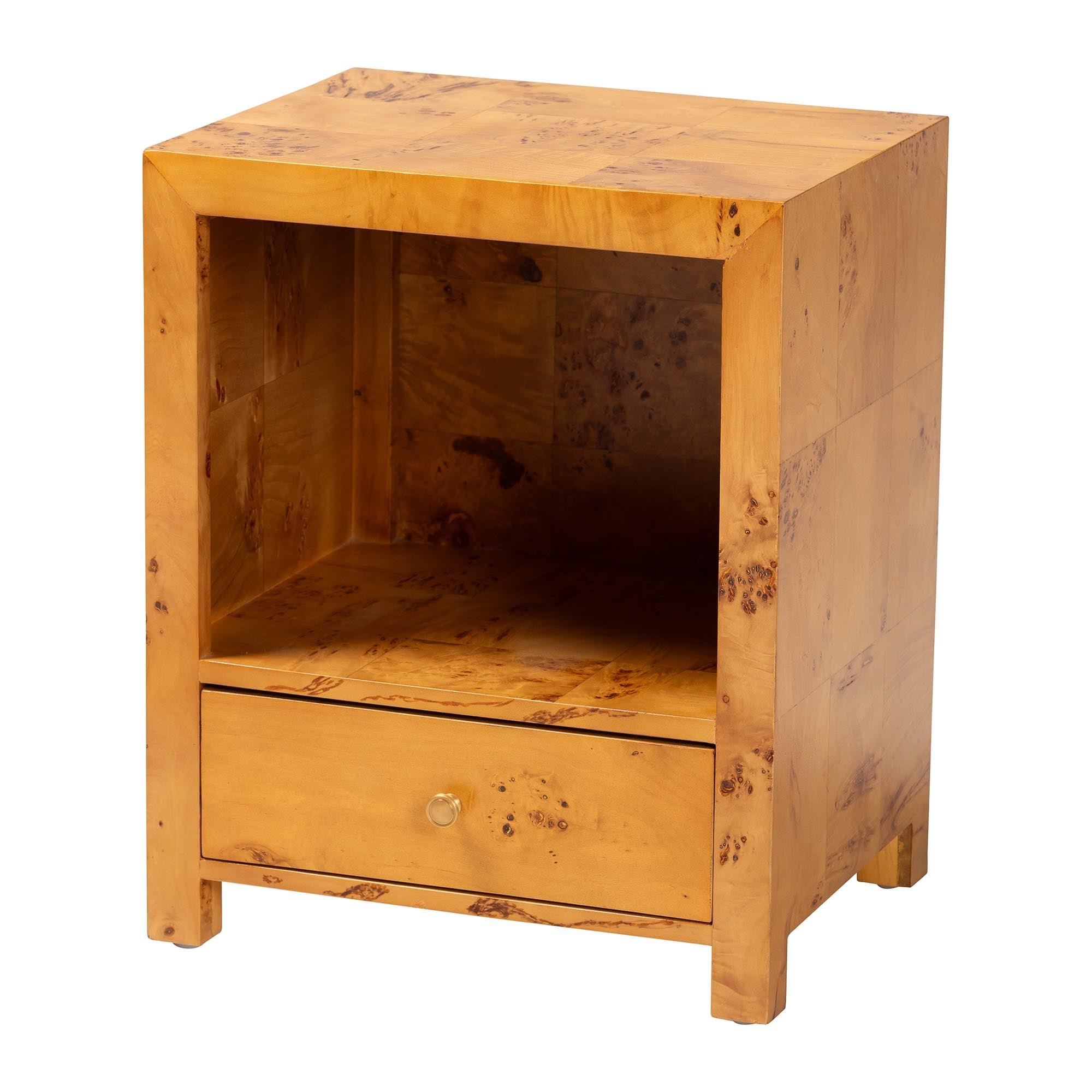 Bali & Pari Camira Modern and Contemporary Light Mappa Real Burl Wood 1-Drawer Nightstand