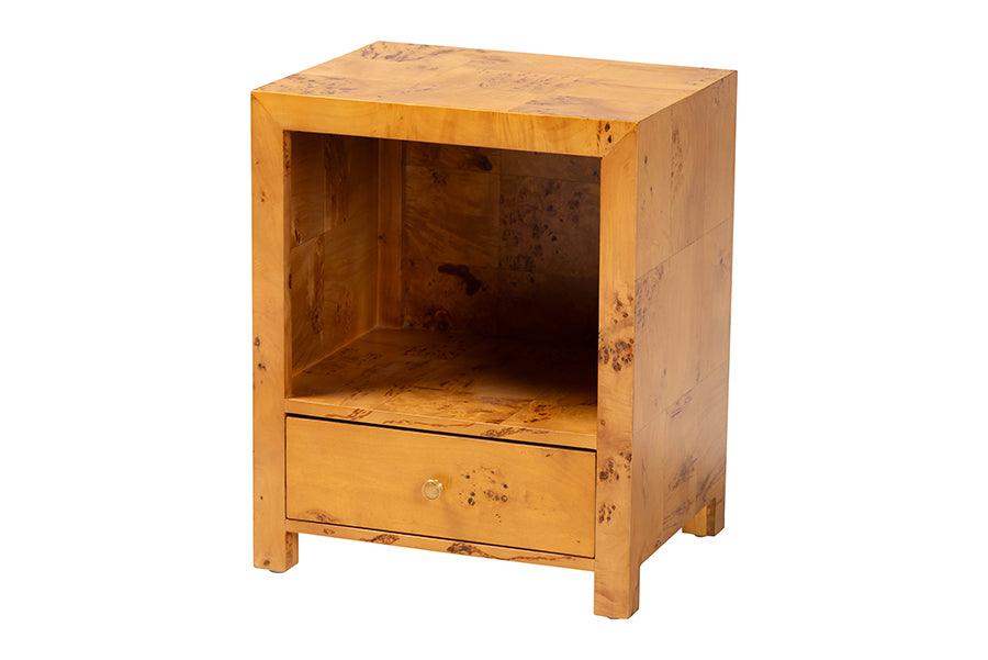 Bali & Pari Camira Modern and Contemporary Light Mappa Real Burl Wood 1-Drawer Nightstand