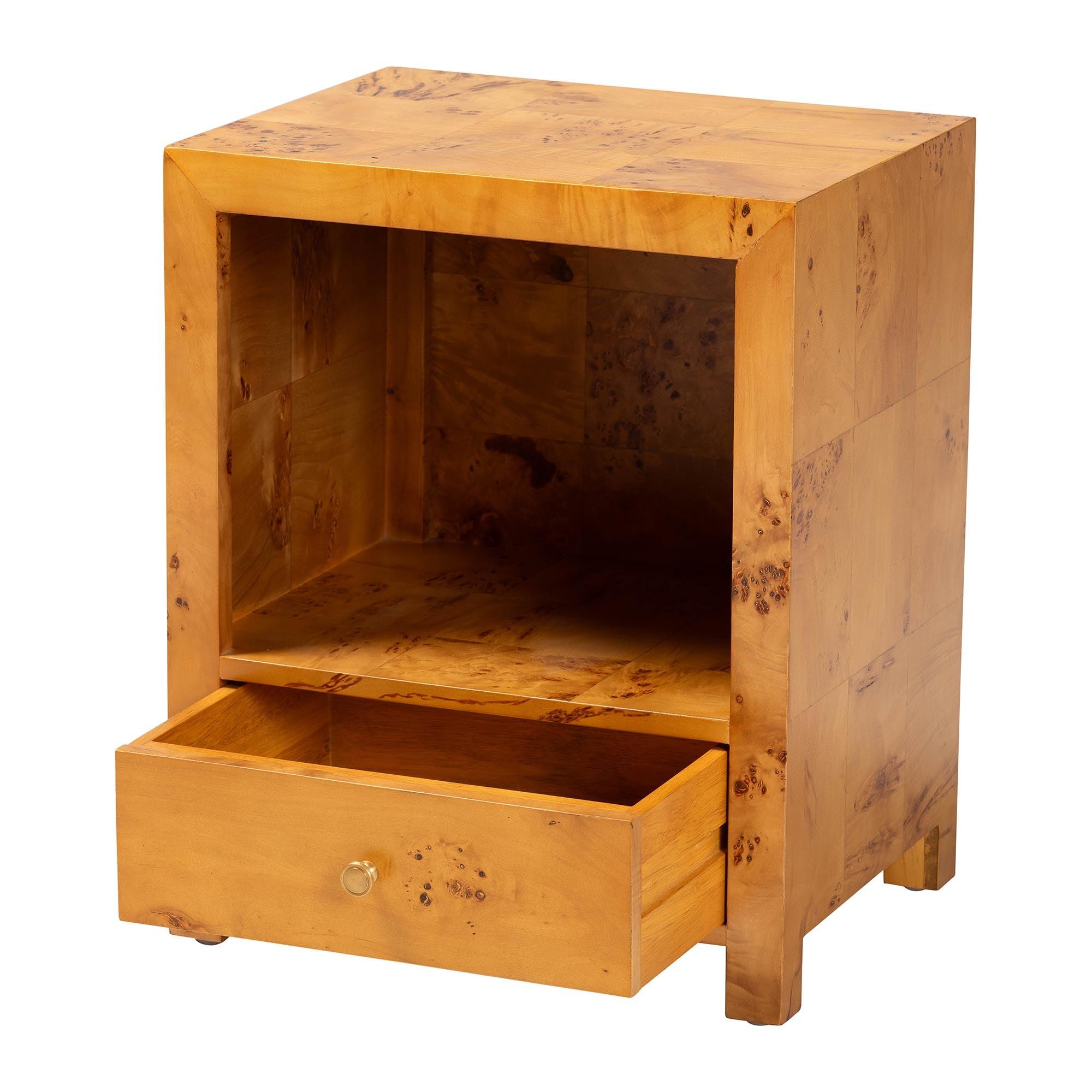 Bali & Pari Camira Modern and Contemporary Light Mappa Real Burl Wood 1-Drawer Nightstand