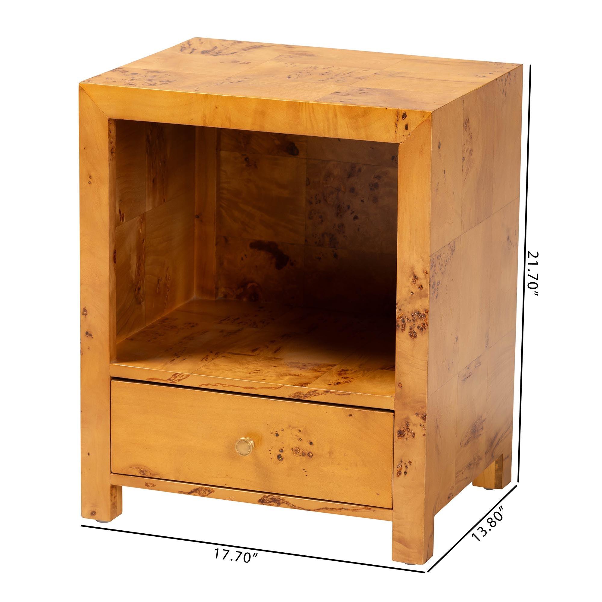 Bali & Pari Camira Modern and Contemporary Light Mappa Real Burl Wood 1-Drawer Nightstand