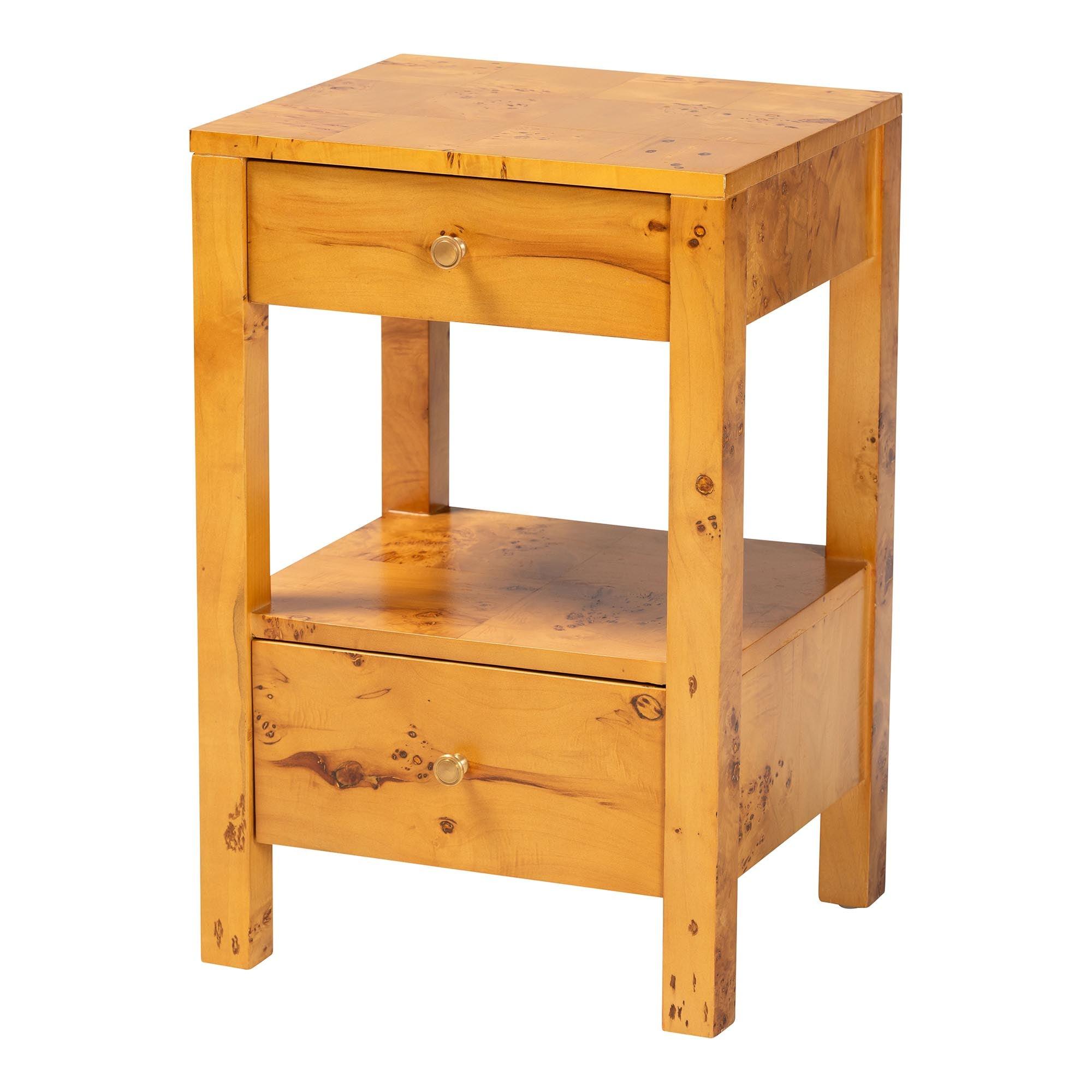 Bali & Pari Azmi Modern and Contemporary Light Mappa Real Burl Wood 2-Drawer Nightstand