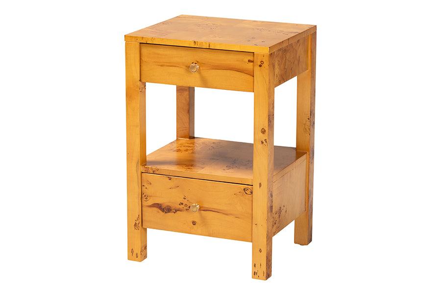 Bali & Pari Azmi Modern and Contemporary Light Mappa Real Burl Wood 2-Drawer Nightstand