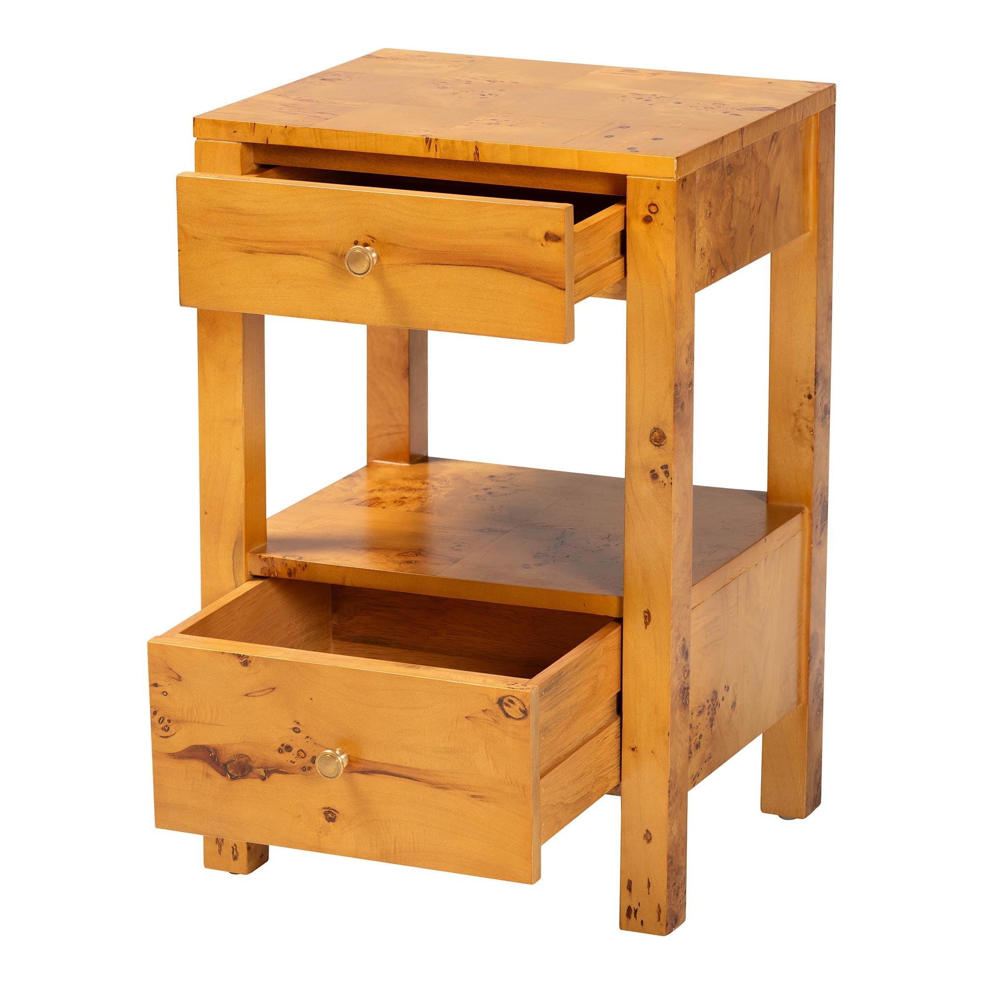 Bali & Pari Azmi Modern and Contemporary Light Mappa Real Burl Wood 2-Drawer Nightstand