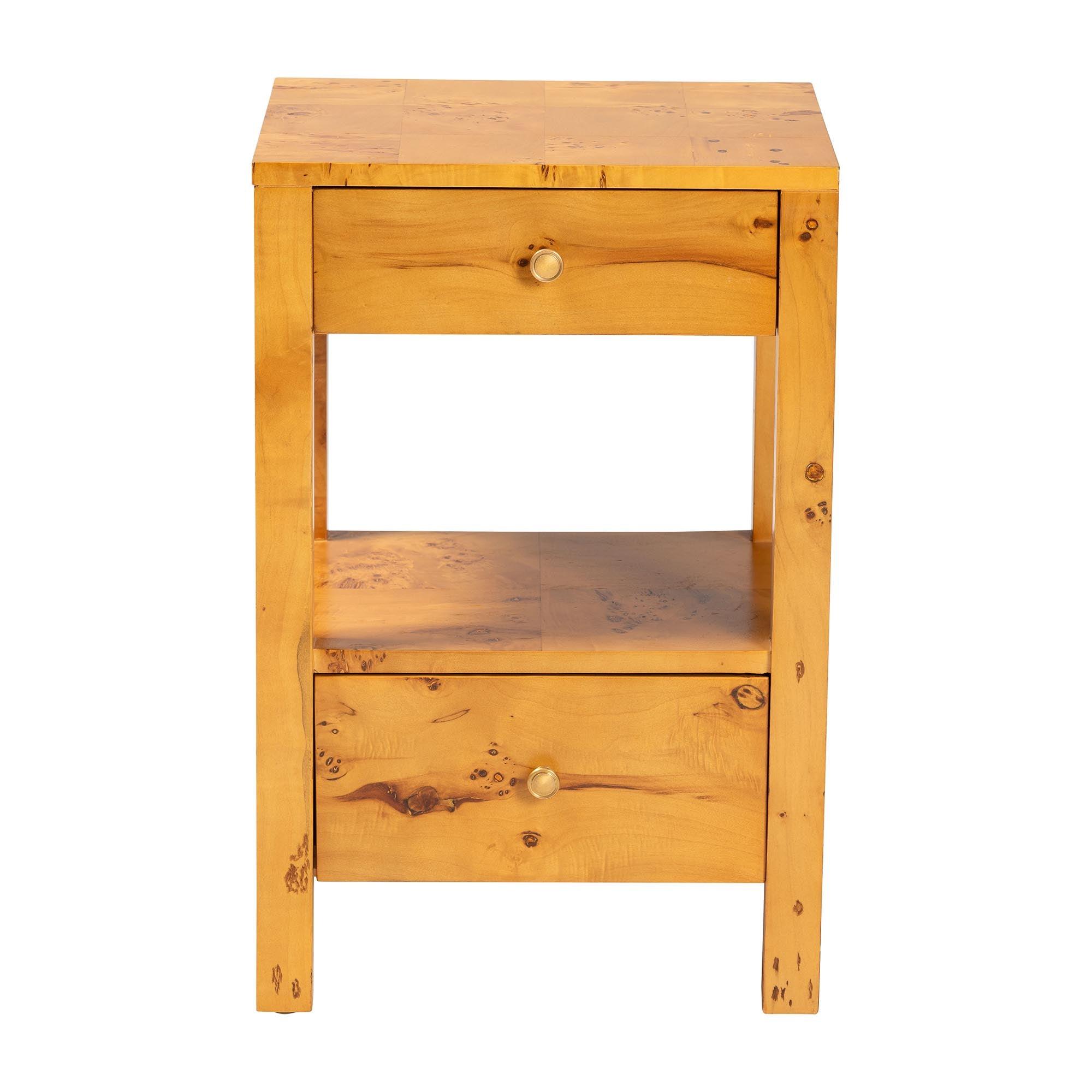 Bali & Pari Azmi Modern and Contemporary Light Mappa Real Burl Wood 2-Drawer Nightstand