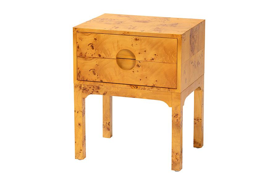 Bali & Pari Kayla Modern and Contemporary Light Mappa Real Burl Wood 2-Drawer Nightstand