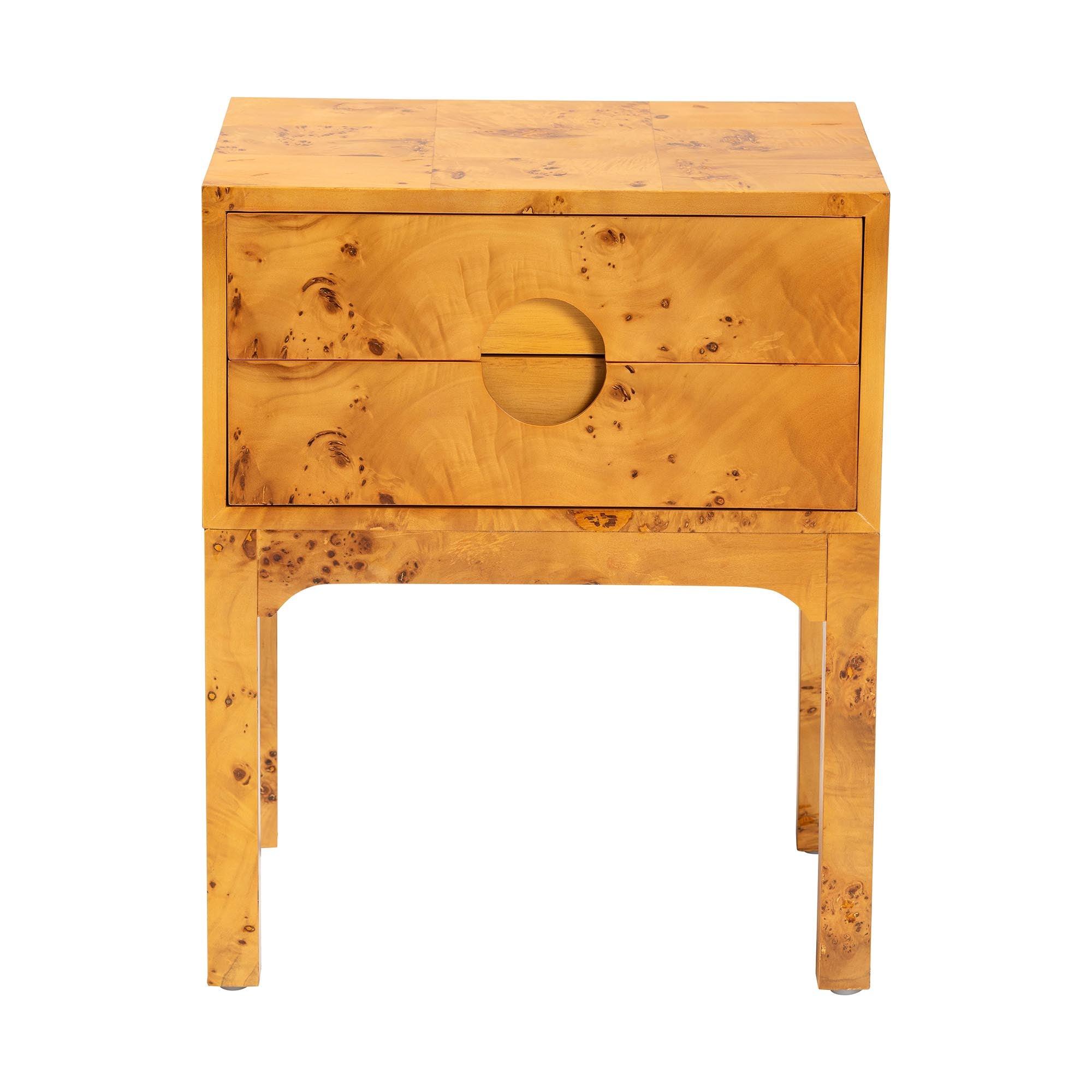 Bali & Pari Kayla Modern and Contemporary Light Mappa Real Burl Wood 2-Drawer Nightstand