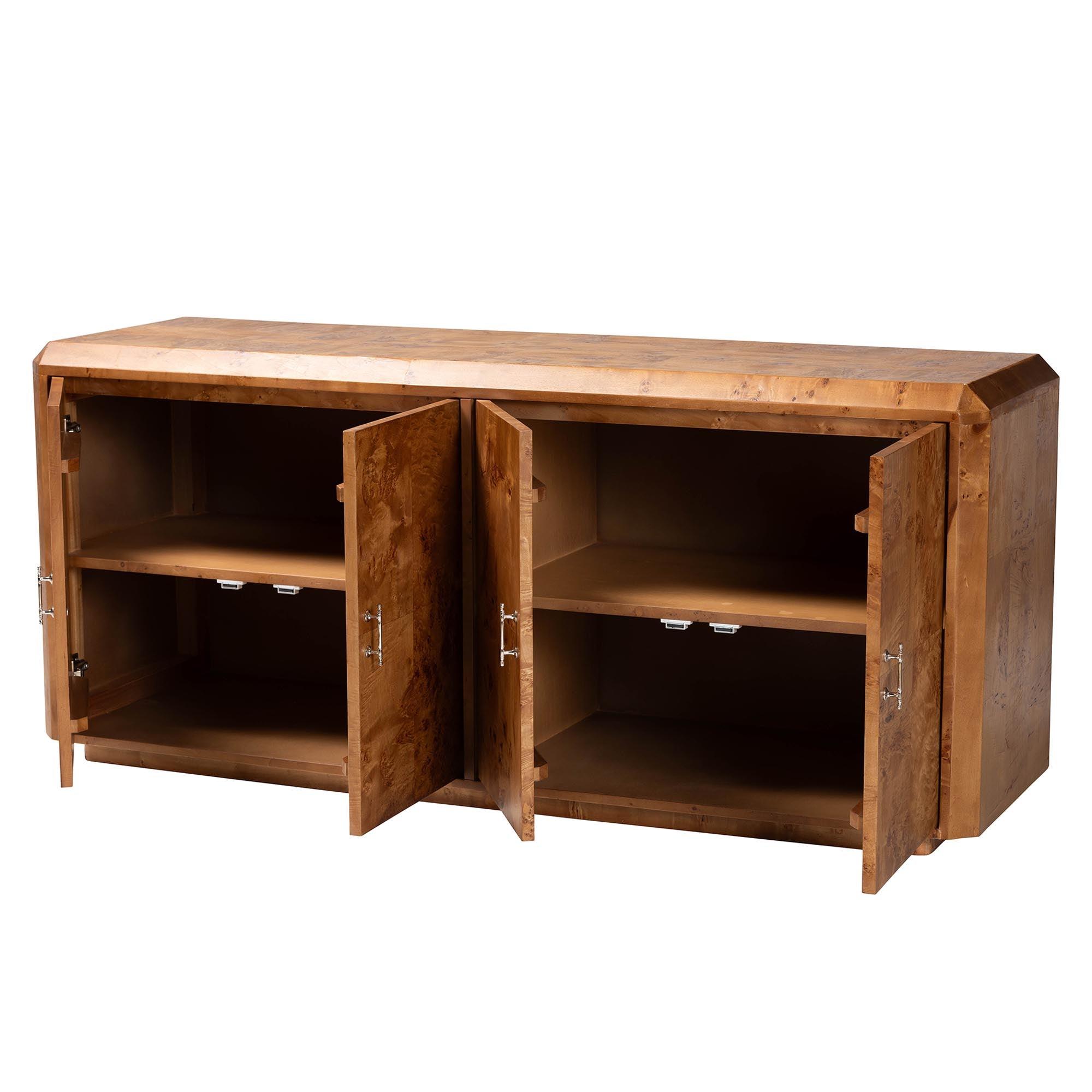 Bali & Pari Valora Modern and Contemporary Mappa Real Burl Wood 4-Door Sideboard Buffet