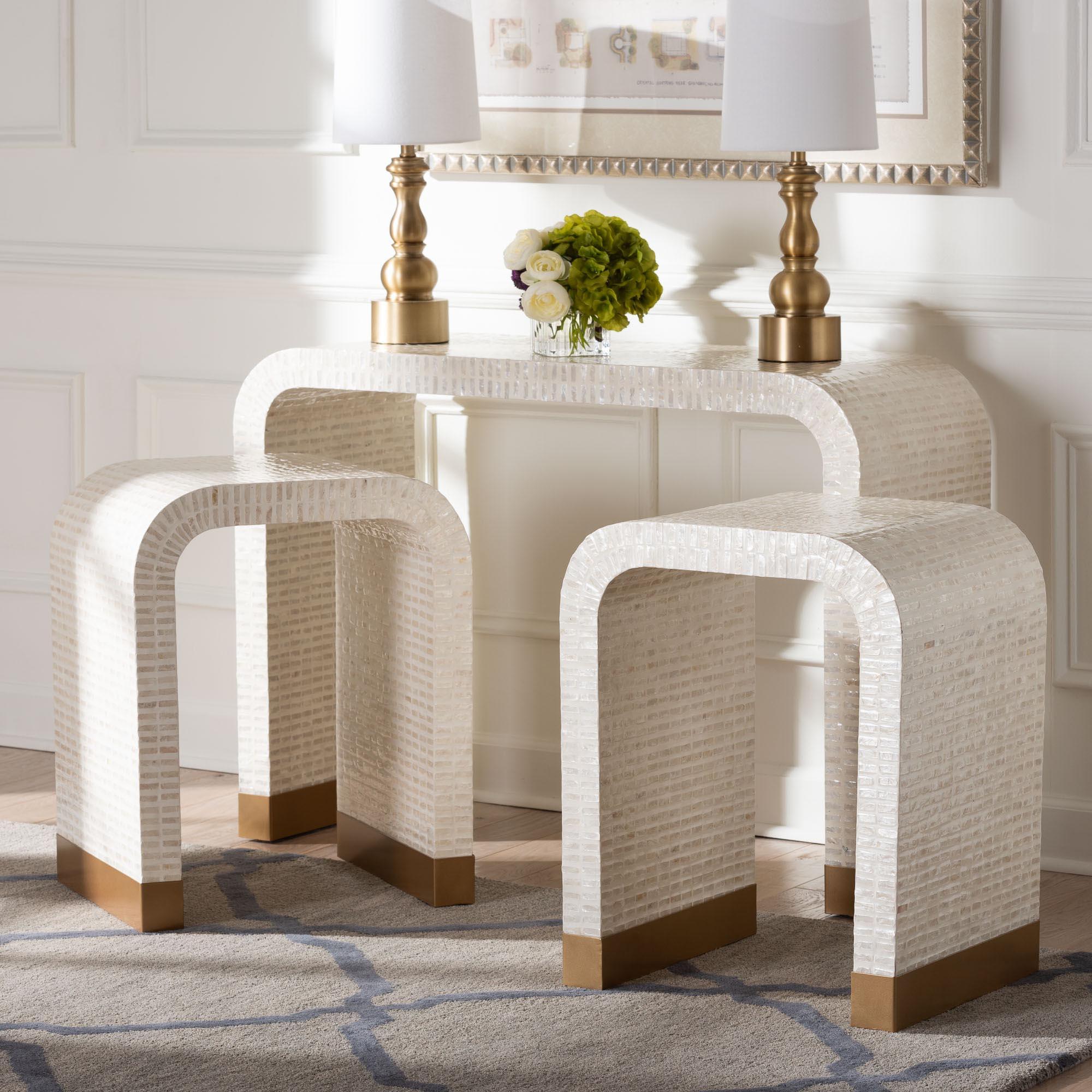bali & pari Carlyn Coastal and Mother of Pearl Capiz Shell 3-Piece Accent Table Set