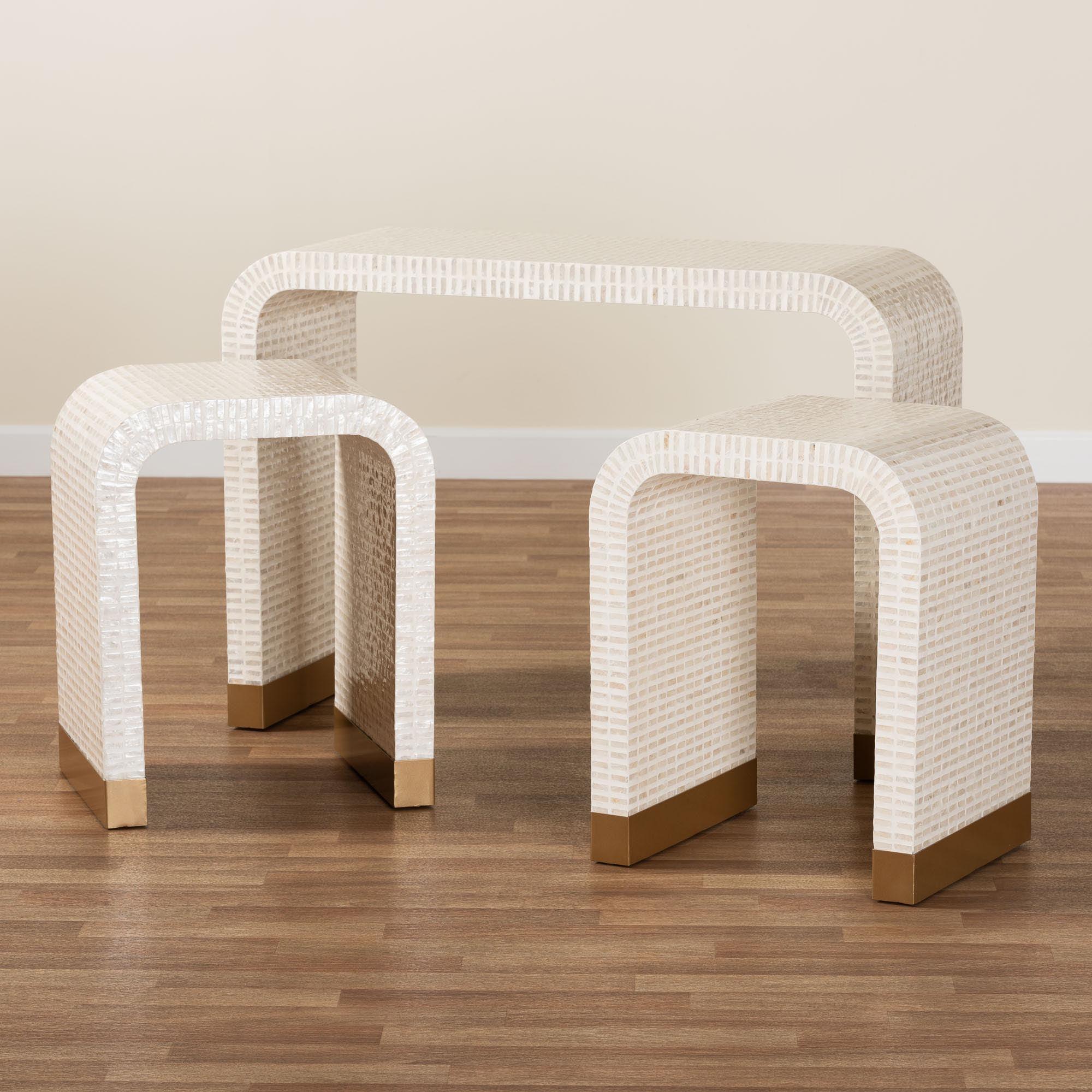 bali & pari Carlyn Coastal and Mother of Pearl Capiz Shell 3-Piece Accent Table Set