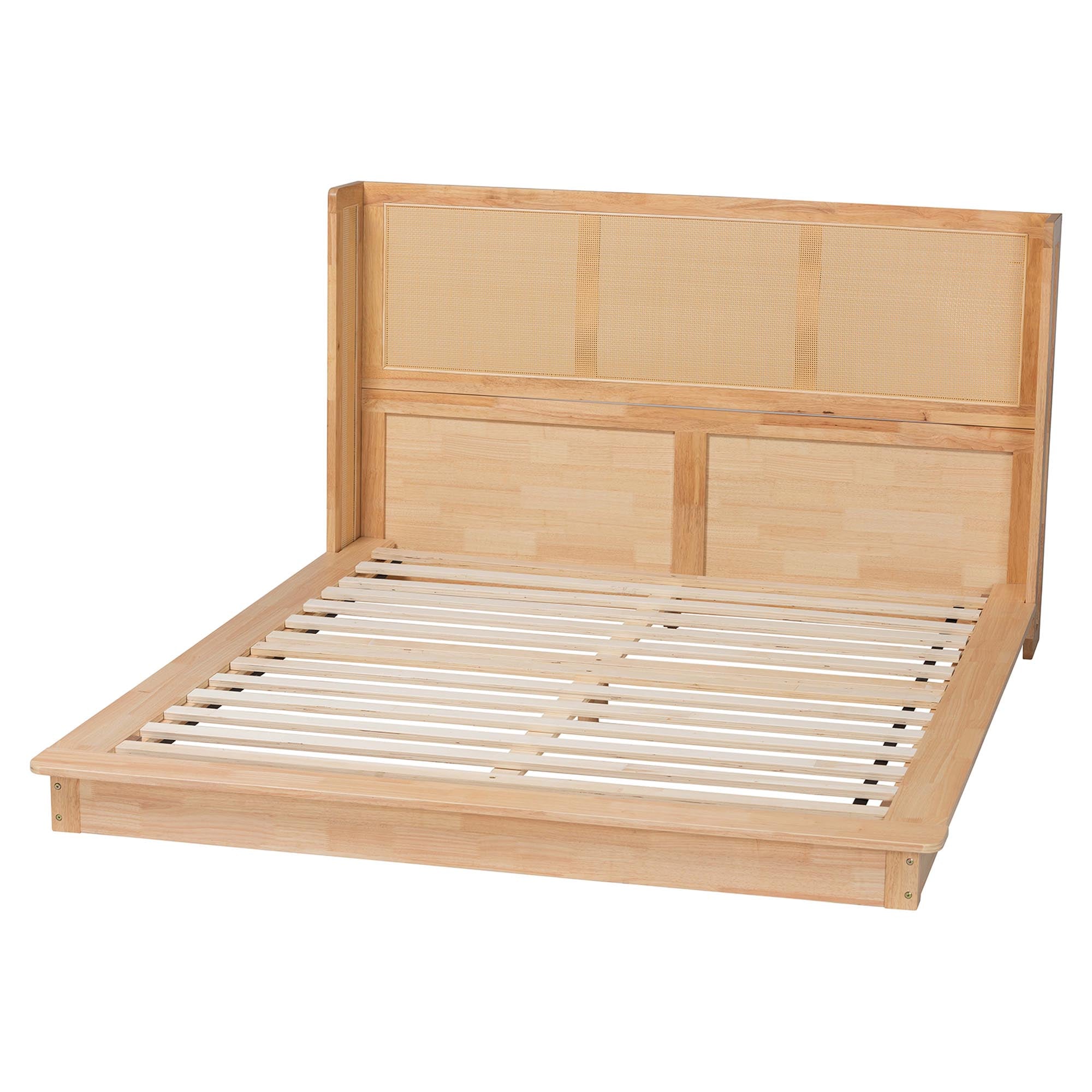 Glennis Japandi Wood Platform Bed with Woven Rattan