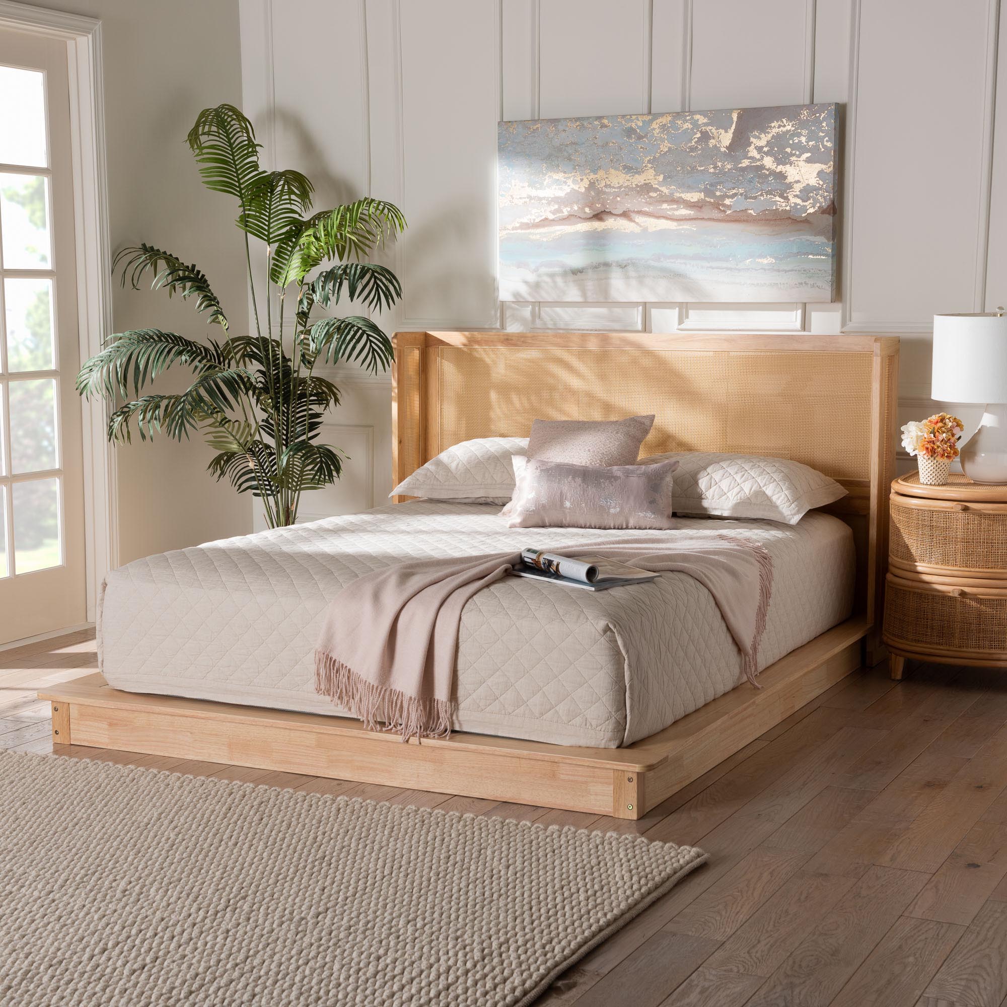 Glennis Japandi Wood Platform Bed with Woven Rattan