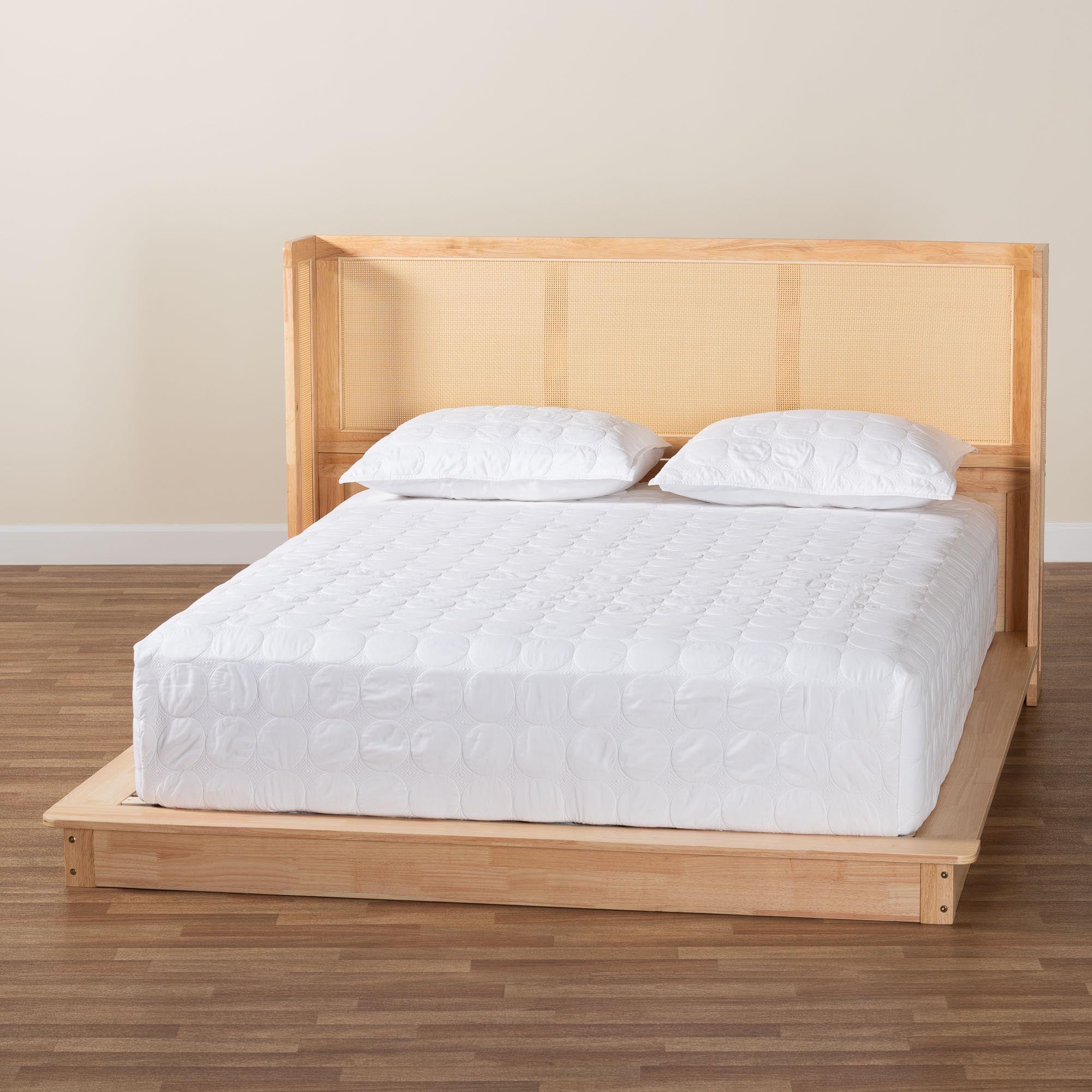 Glennis Japandi Wood Platform Bed with Woven Rattan