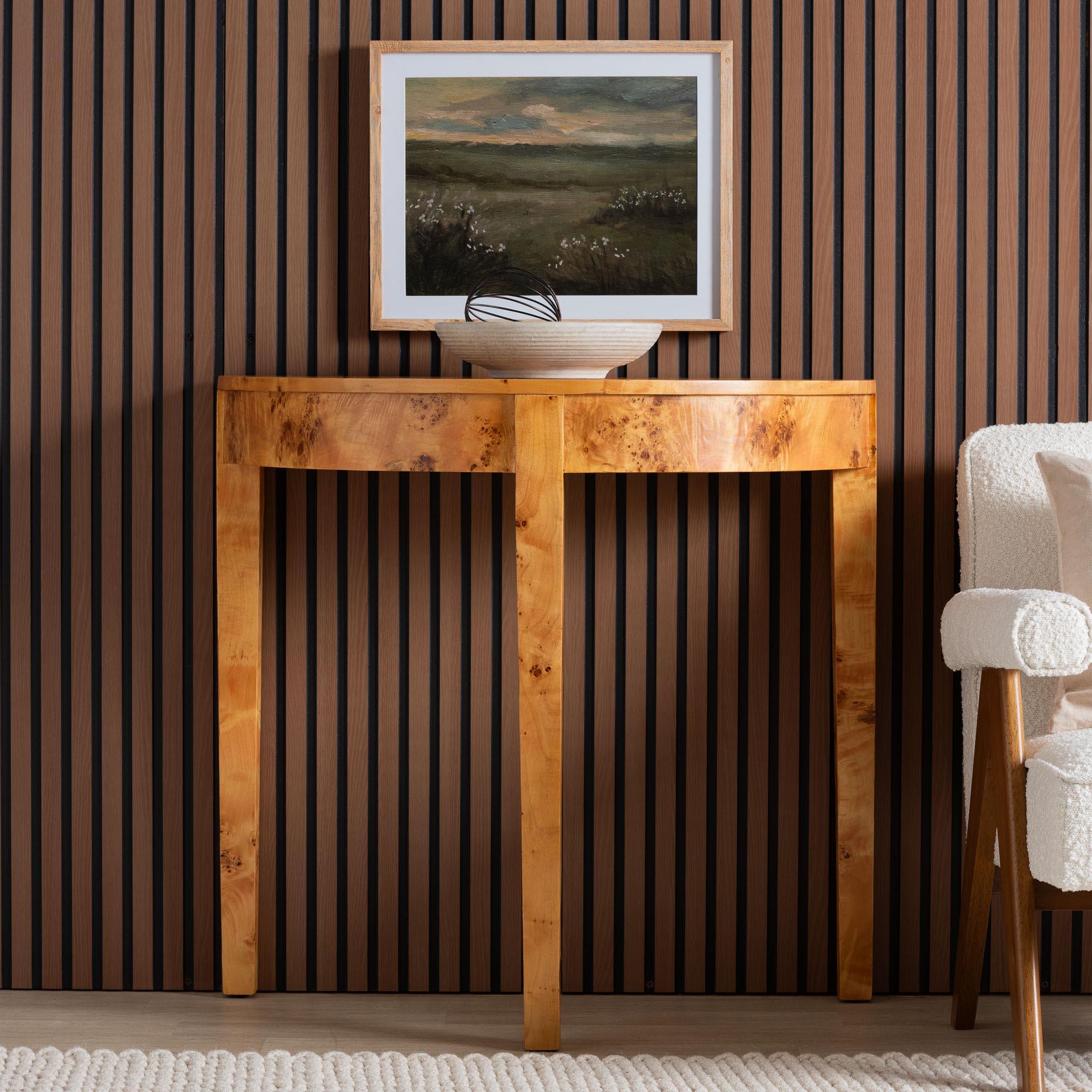 bali & pari Jihan Modern and Contemporary Real Burl Wood Half-Moon Console Table