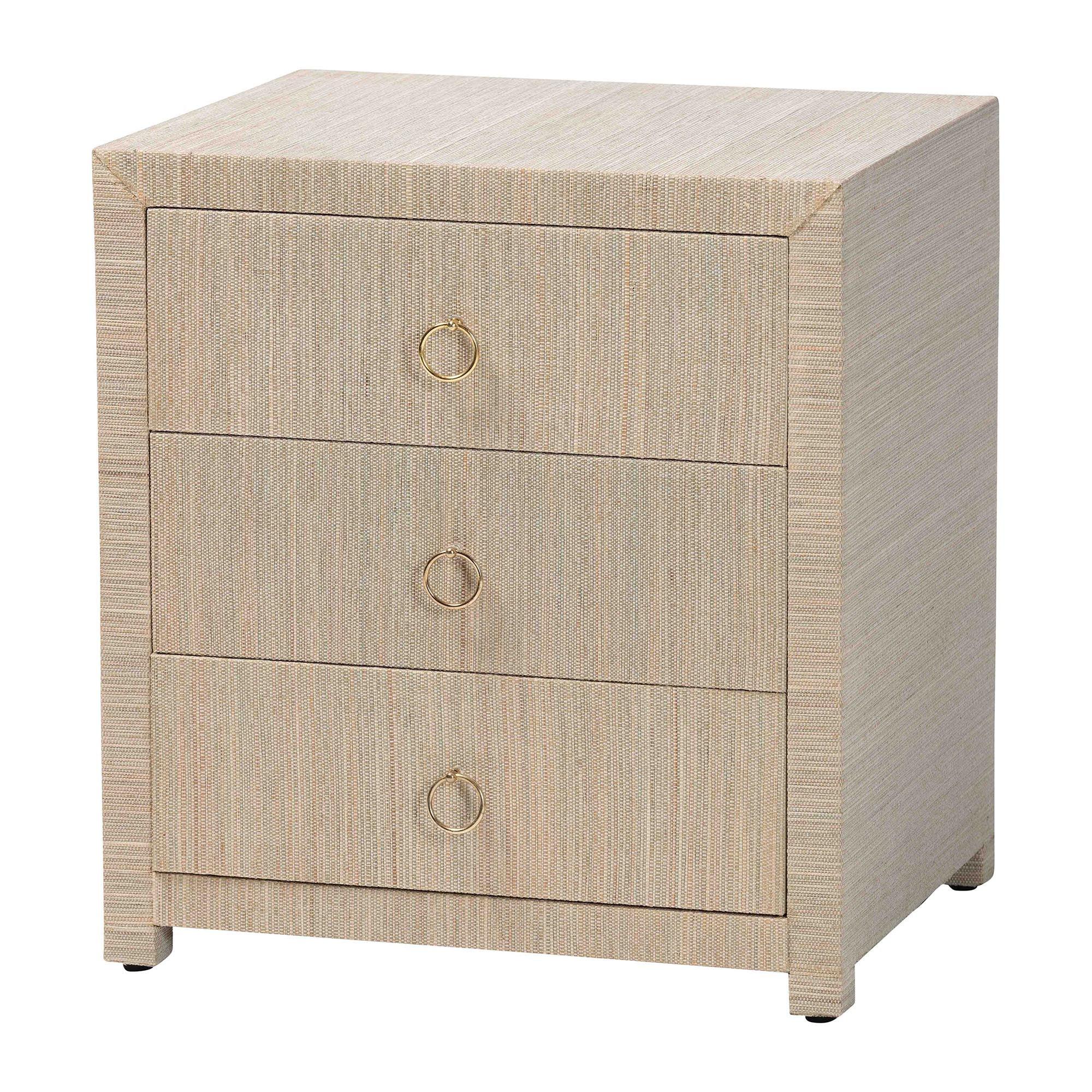 Bali & Pari Quinn Bohemian Woven Grasscloth 3-Drawer Nightstand