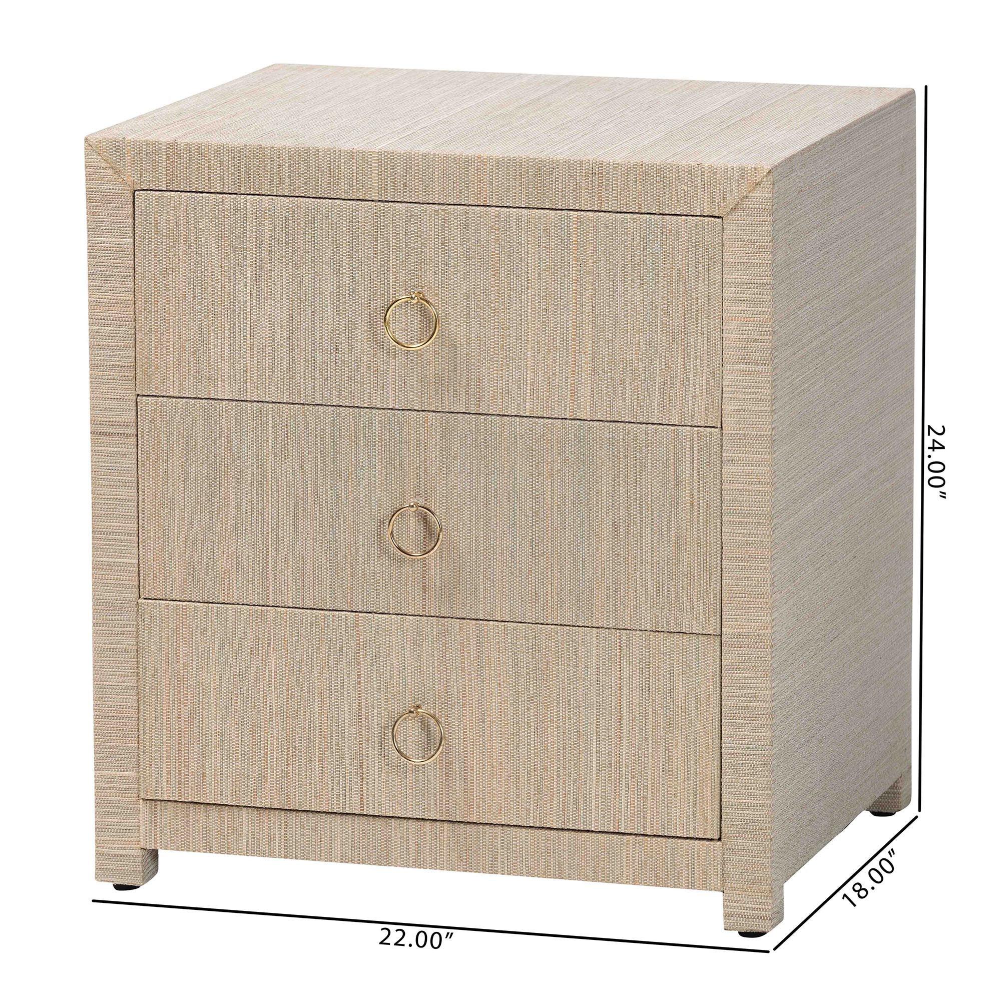 Bali & Pari Quinn Bohemian Woven Grasscloth 3-Drawer Nightstand