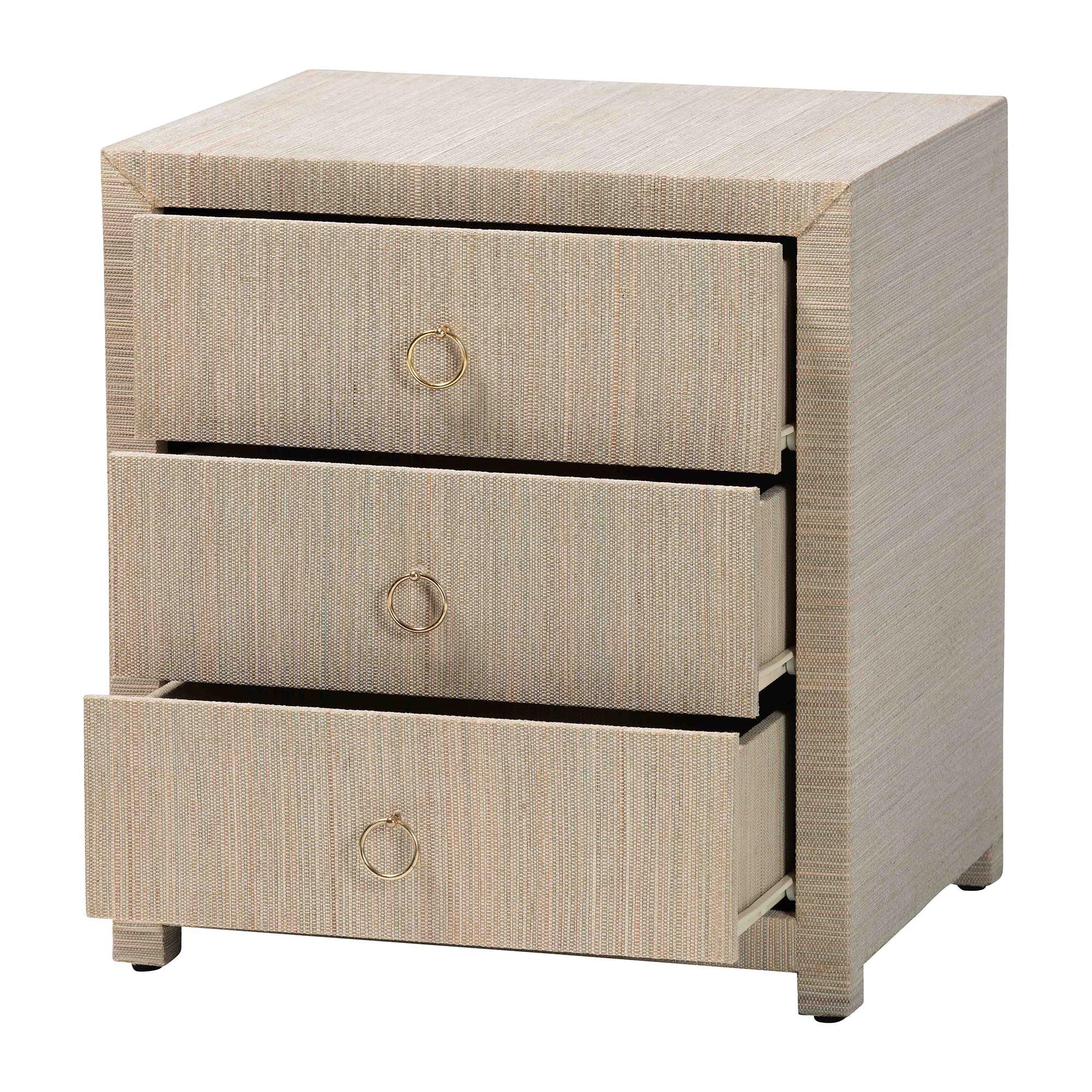 Bali & Pari Quinn Bohemian Woven Grasscloth 3-Drawer Nightstand