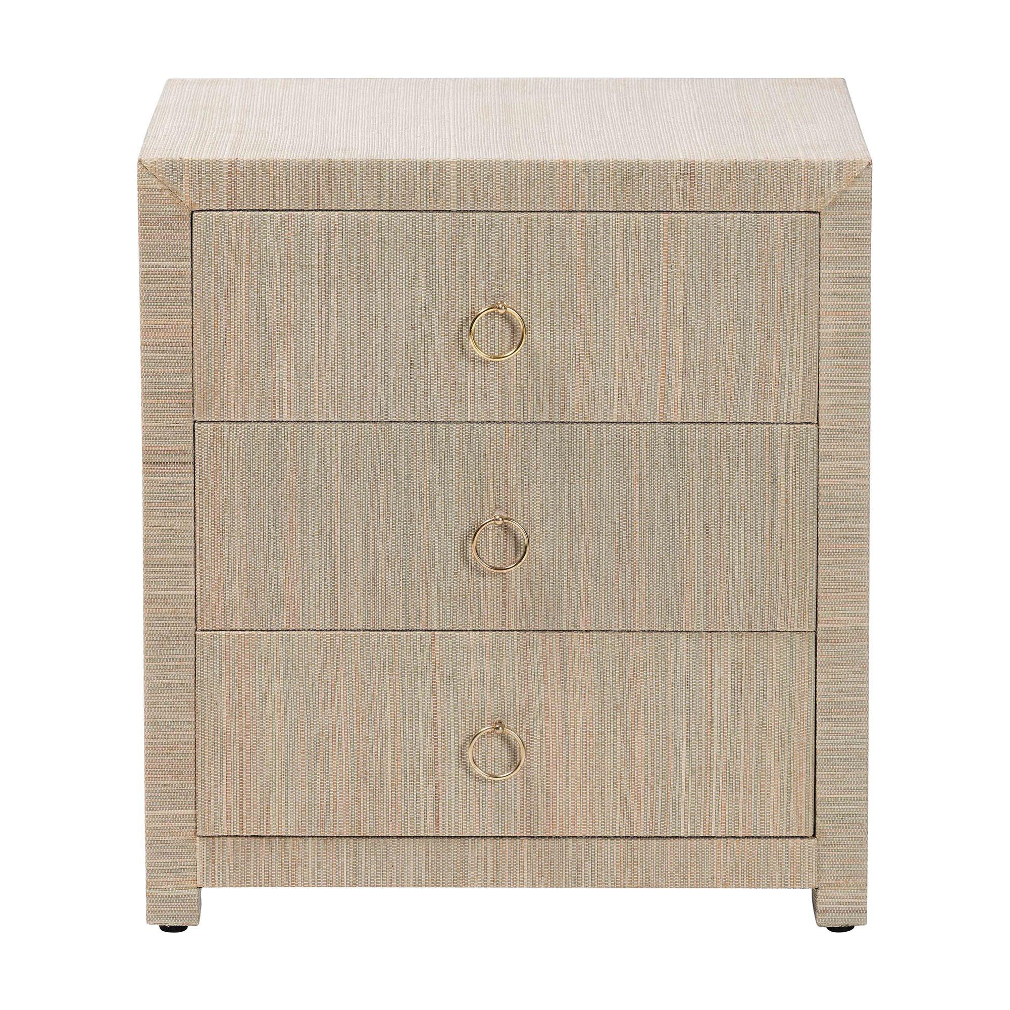 Bali & Pari Quinn Bohemian Woven Grasscloth 3-Drawer Nightstand