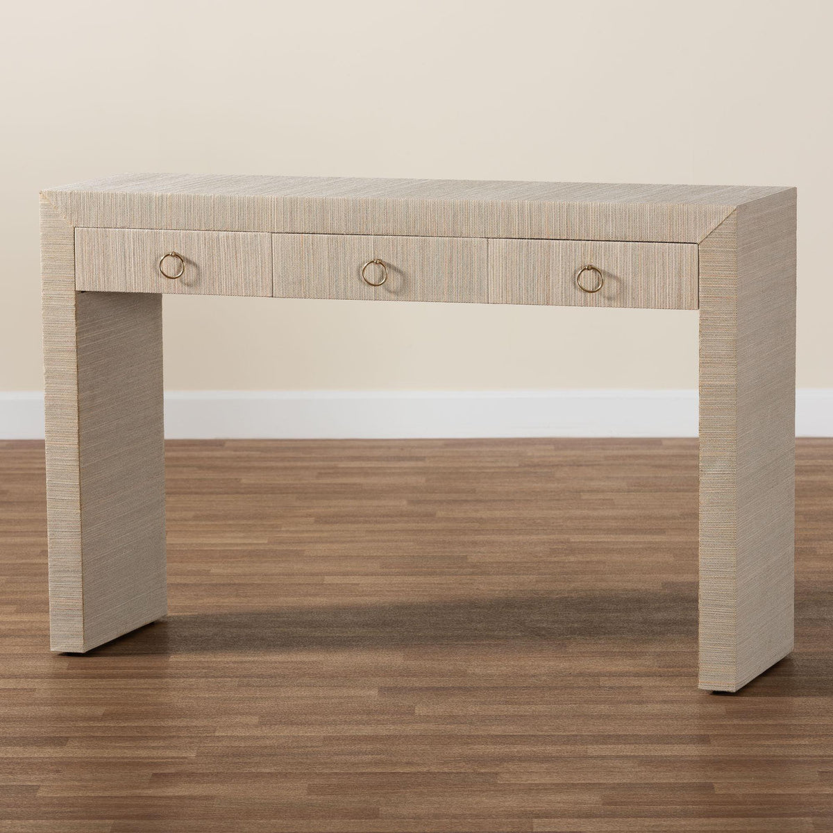 Bali & Pari Cielo Bohemian Woven Grasscloth 3-Drawer Console Table