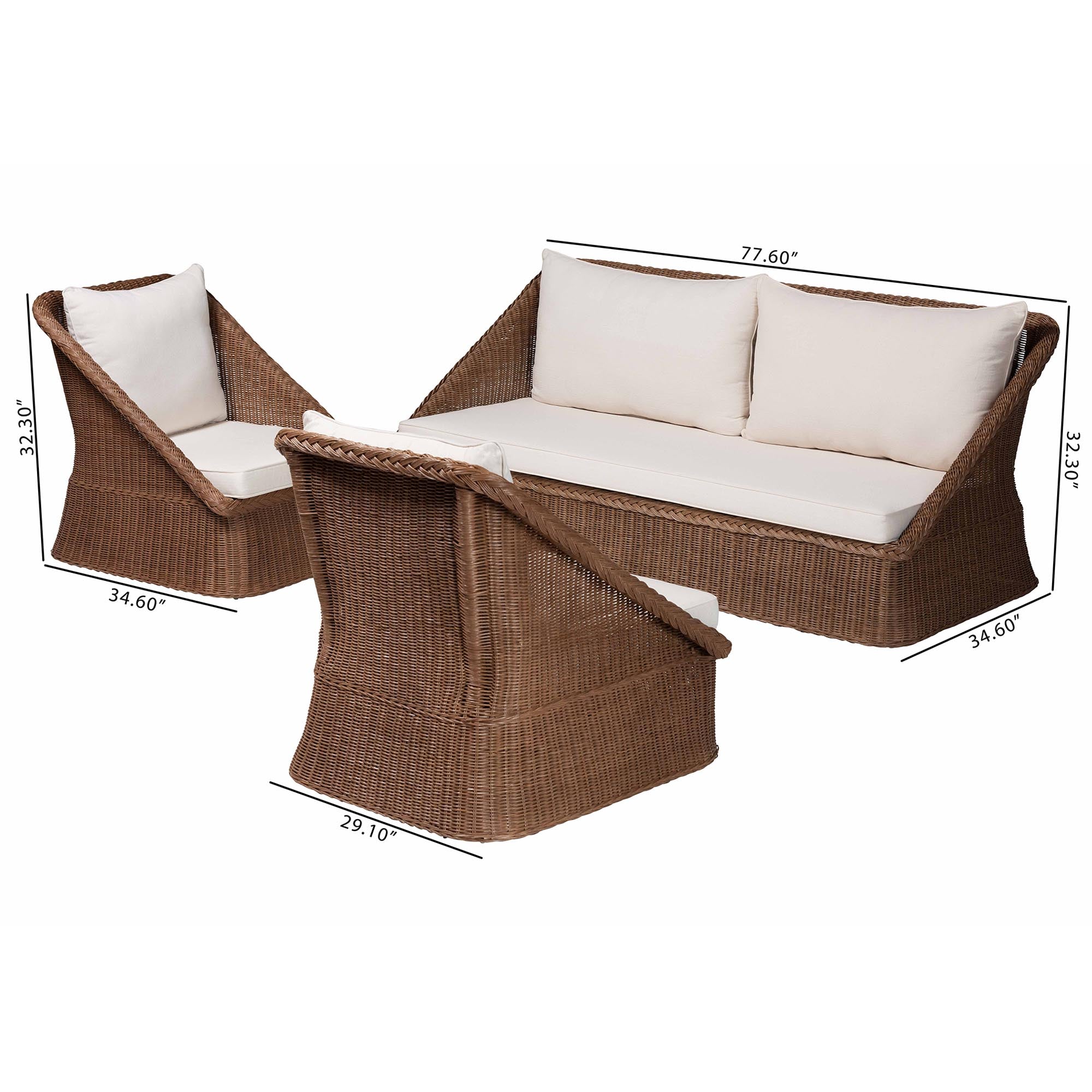 Bali & Pari Derris Bohemian Peanut Braided Rattan 3-Piece Living Room Set