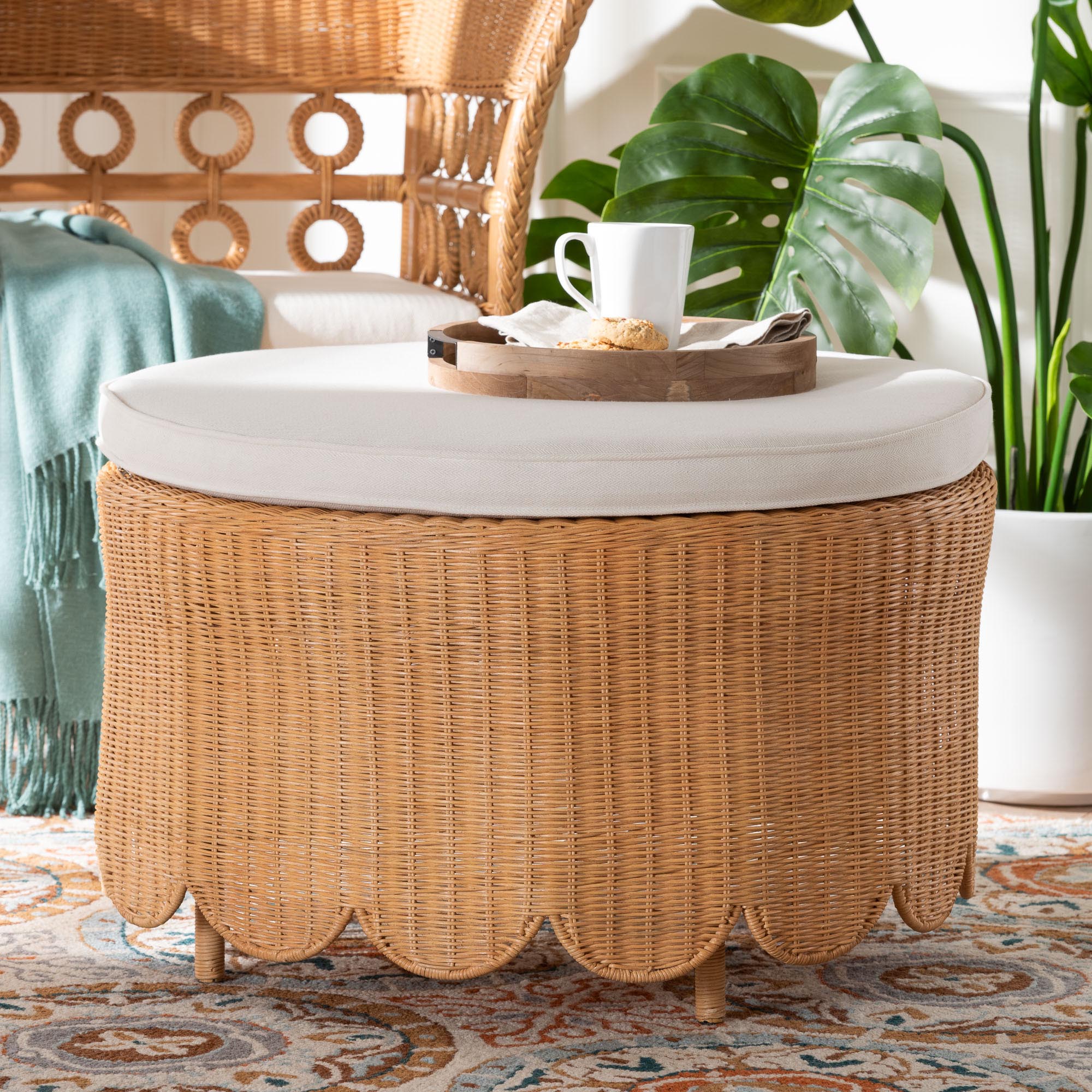 Bali & Pari Teresa Bohemian Light Honey Scalloped Rattan Ottoman