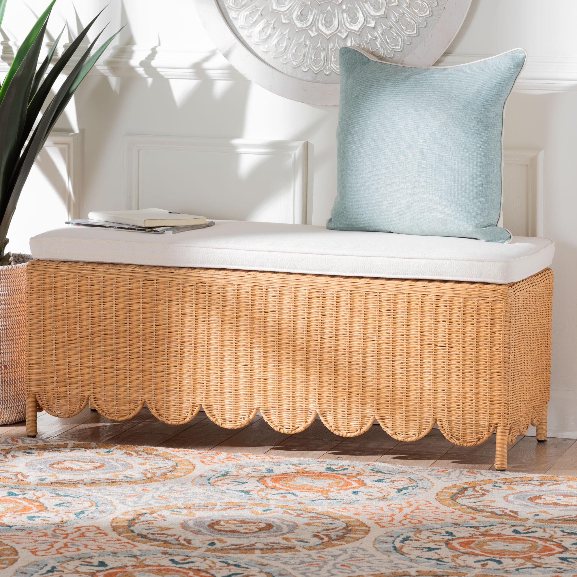 Bali & Pari Teresa Bohemian Light Honey Scalloped Rattan Ottoman
