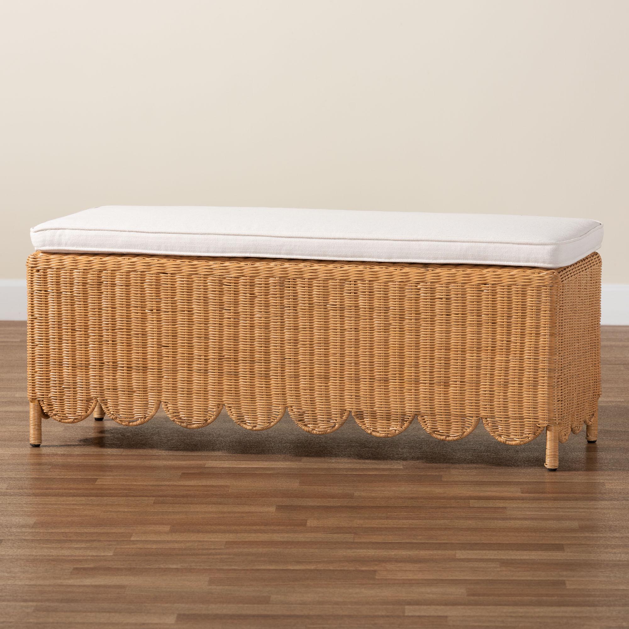 Bali & Pari Teresa Bohemian Light Honey Scalloped Rattan Ottoman