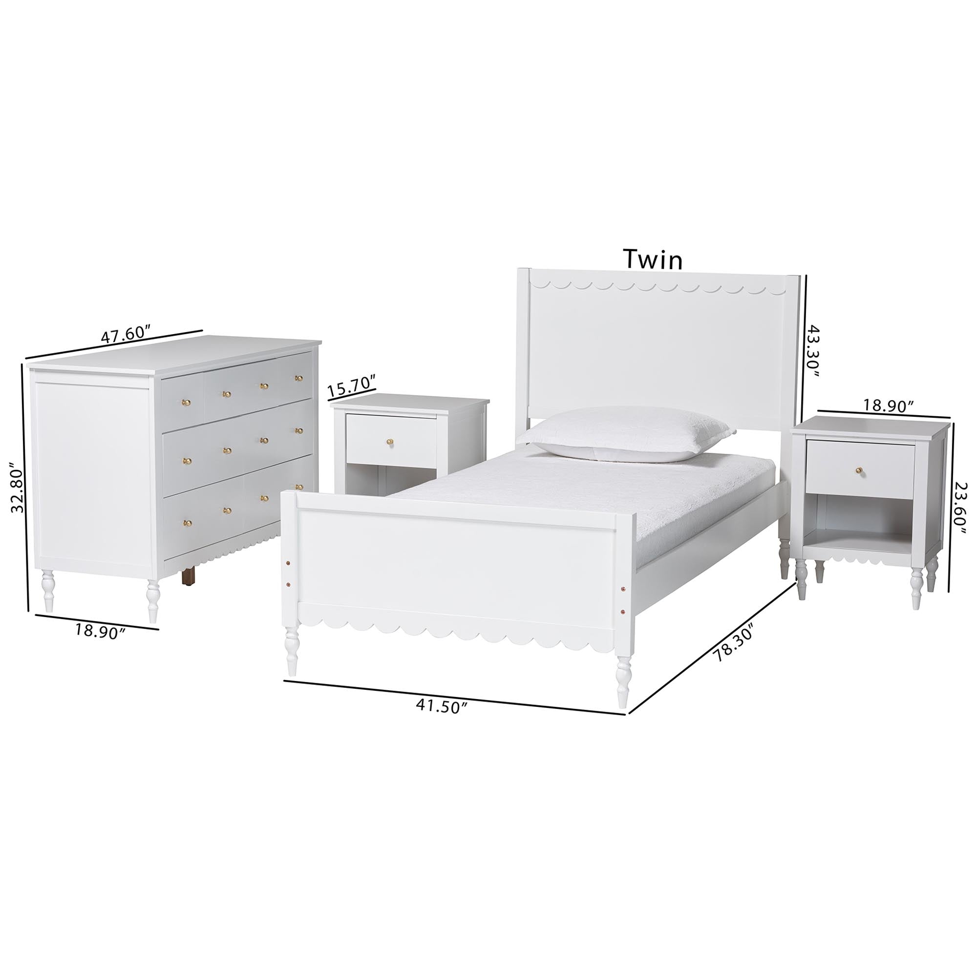 Roni Modern Scalloped Wood 4-Piece Bedroom Set with Two Nightstands