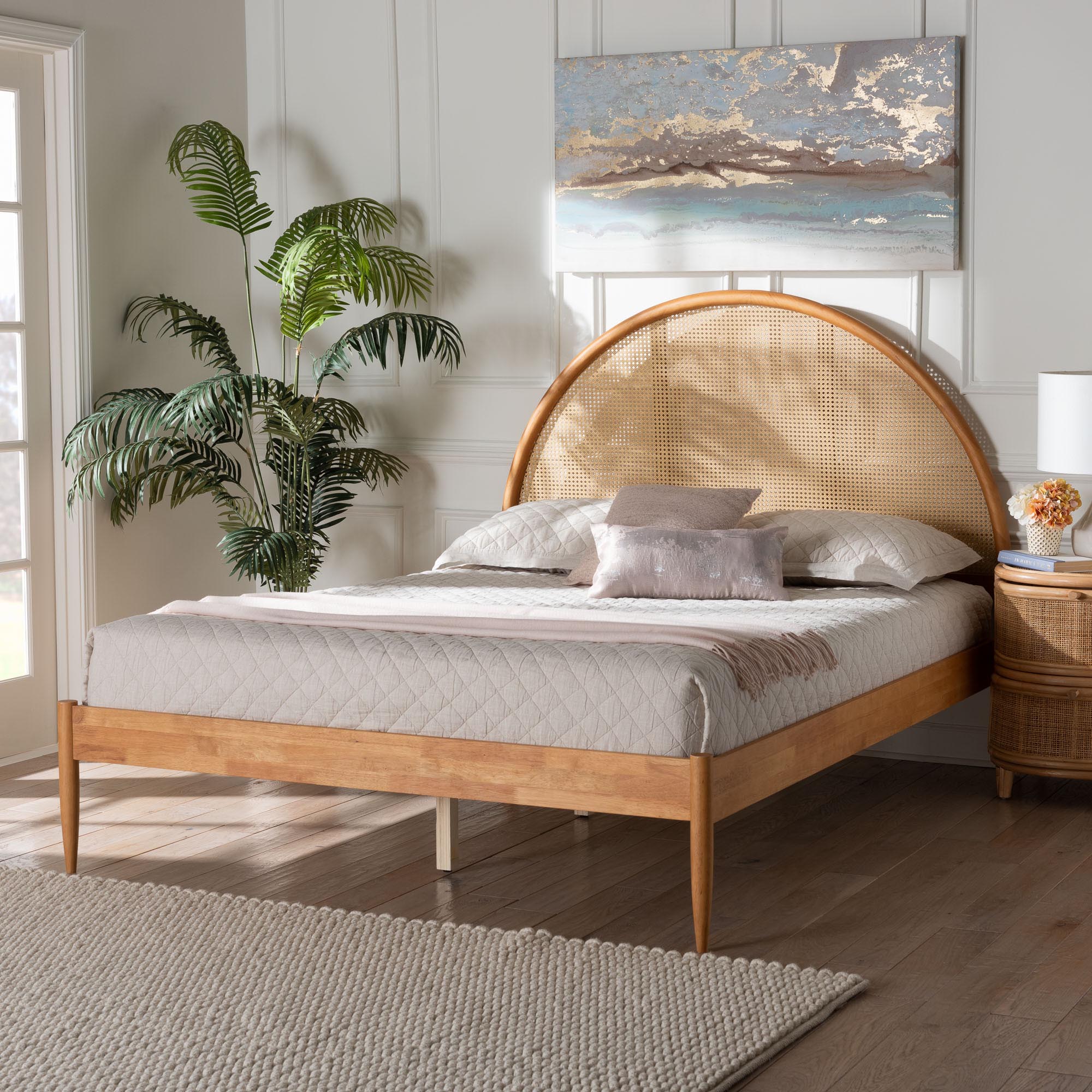 Wrenley Japandi Wood Bed with Antique Rattan