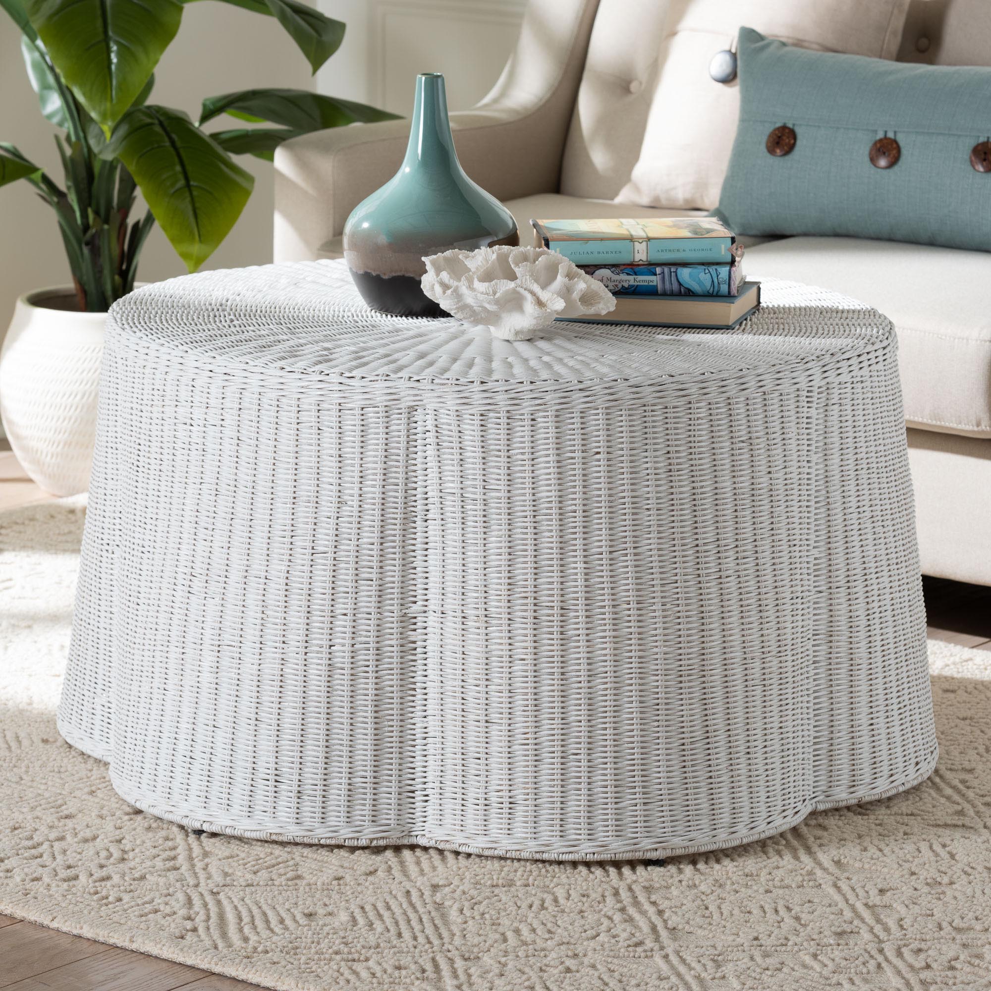 bali & pari Palm Scalloped Rattan Coffee Table - Handwoven Wicker Round Accent Table for Living Room Patio or Sunroom, Coastal Boho Style,