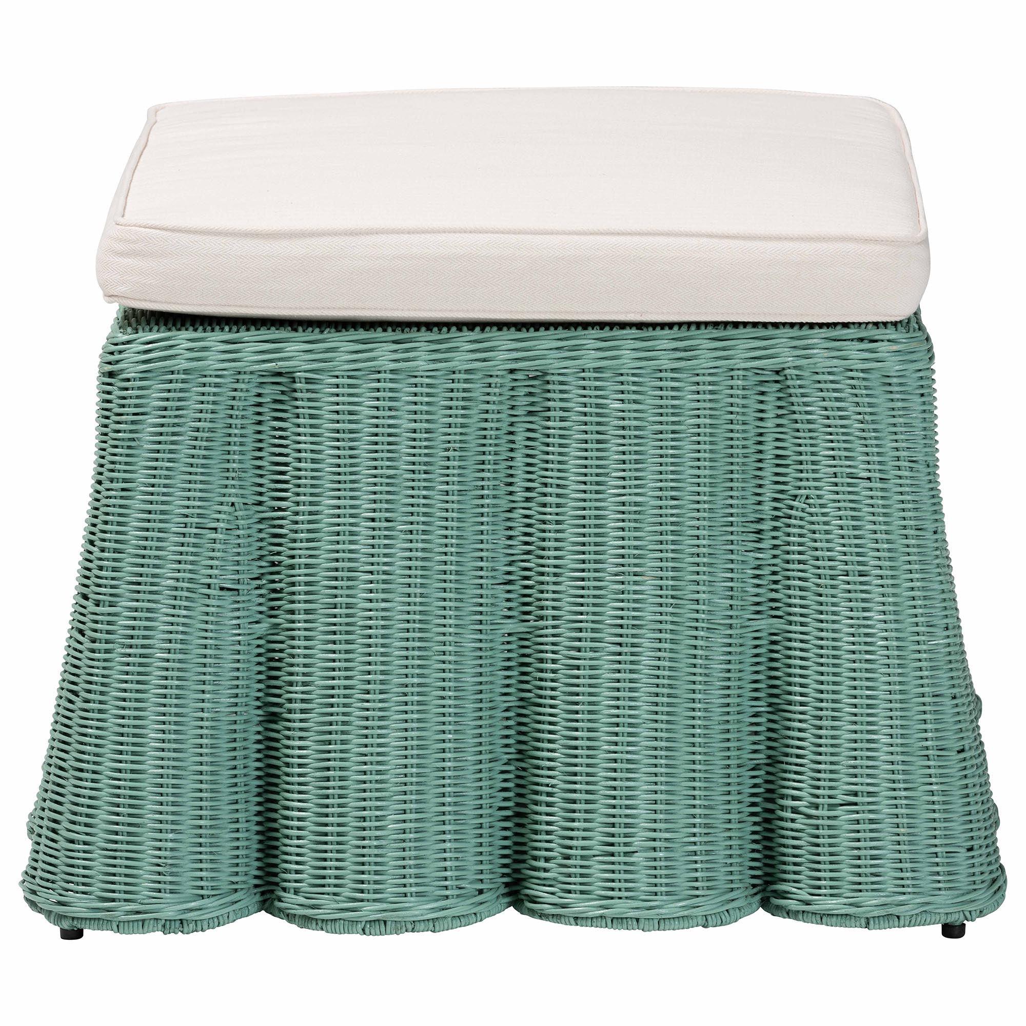 Bali & Pari Palm Bohemian Seafoam Scallop Rattan Ottoman
