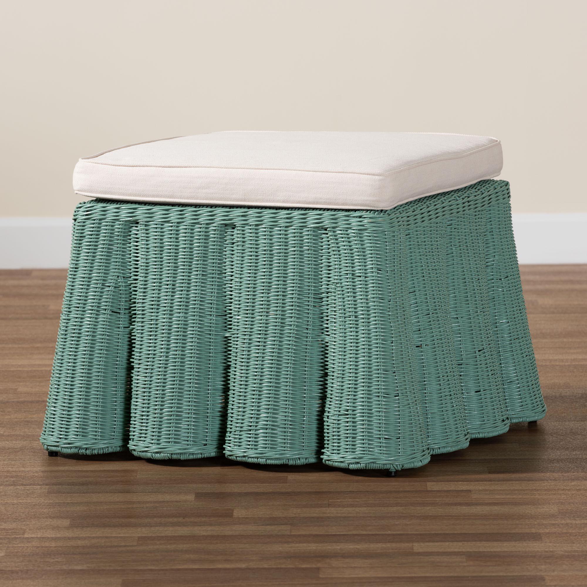 Bali & Pari Palm Bohemian Seafoam Scallop Rattan Ottoman