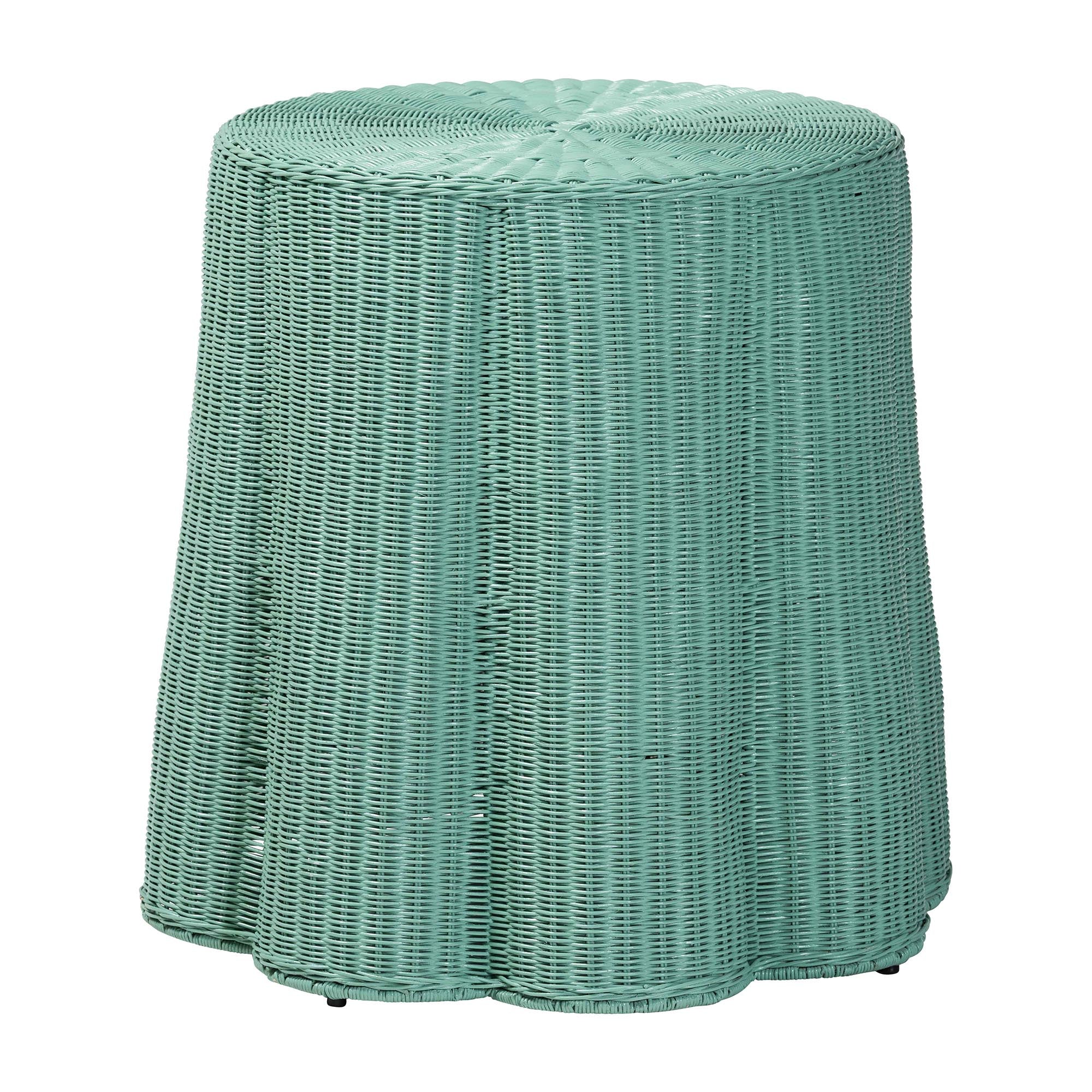 bali & pari Palm Scallop Rattan Console Table - Handwoven Wicker Round Accent Table for Living Room, Sunroom or Foyer Place, Coastal Boho Style in Teal