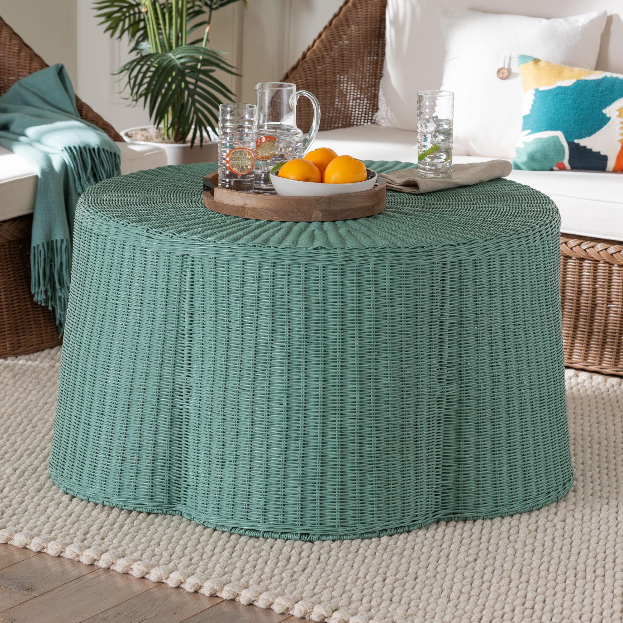 Bali & Pari Palm Bohemian Seafoam Scalloped Rattan Coffee Table
