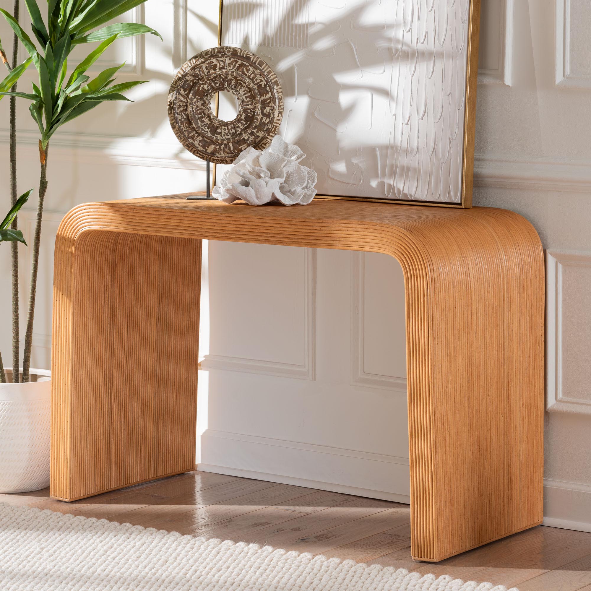 Bali & Pari Guevara Bohemian Light Honey Fluted Rattan Console Table